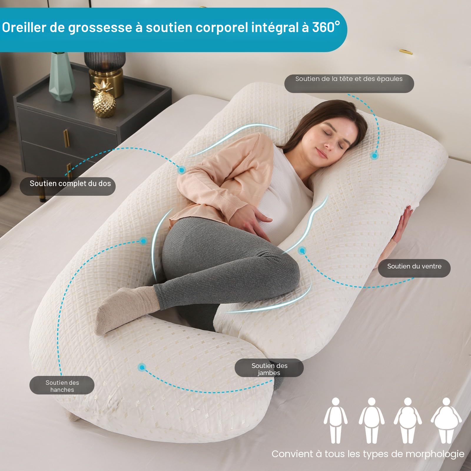 GKXLH Oreiller de grossesse doux – Oreiller de grossesse pour soutien du dos, du ventre, des hanches, des jambes, oreiller de maternité en forme de J pour femme enceinte avec housse amovible (blanc)