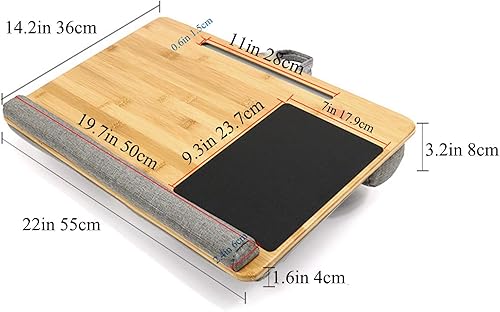 Miniatura 2 de Escritorio de regazo para laptop con cojín, organizador de espacio de trabajo de bambú con almohada, soporte para teléfono y tableta, para cama,