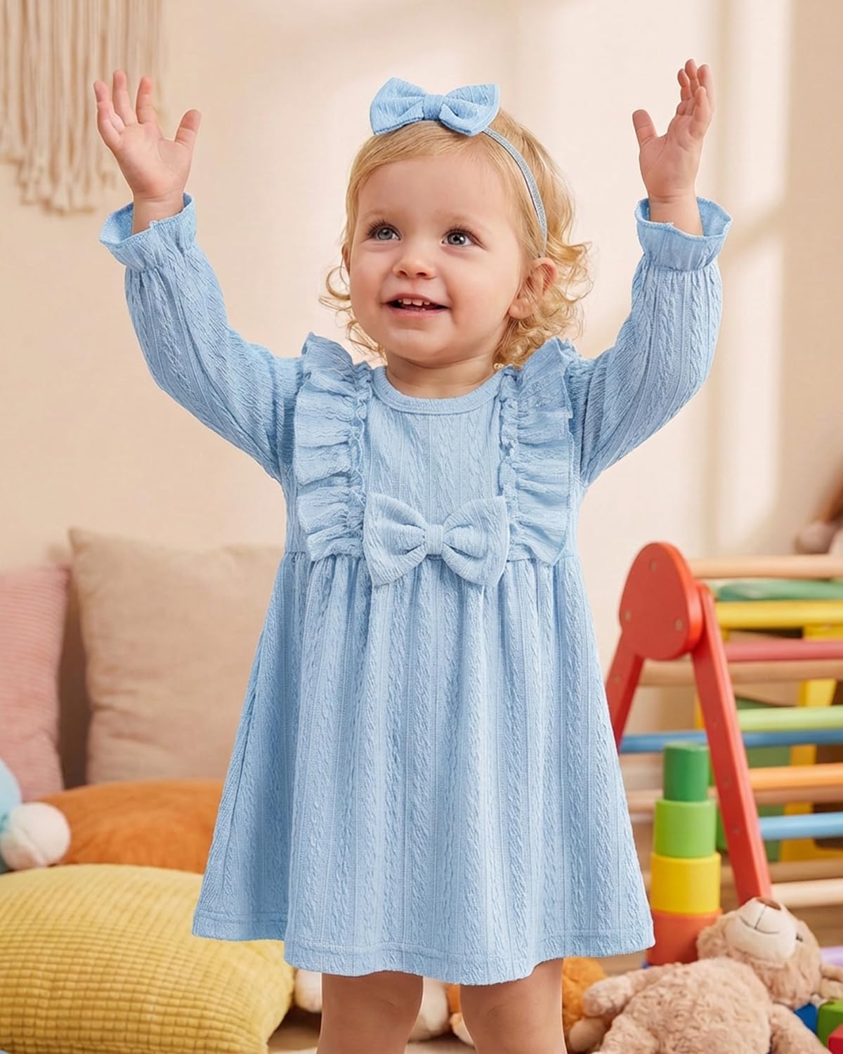 FishingDino Baby Kleid Mädchen Sommerkleid Set Gr. 62-92, Neugeborene Langarm Schmetterling Baby Kleidung Mädchen mit Stirnband, Weiche Babykleidung Süßes Babykleider Set