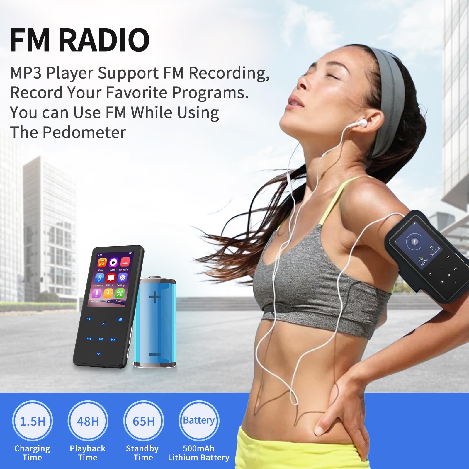 64GB MP3-speler Bluetooth 5.3 & Luidspreker – Upgrade met fysieke knoppen (Terug, Menu, Volume), Slechts 37g met Koptelefoon, FM-radio, Dictafoon, Mini-design, HiFi-geluid, uitbreidbaar tot 128GB