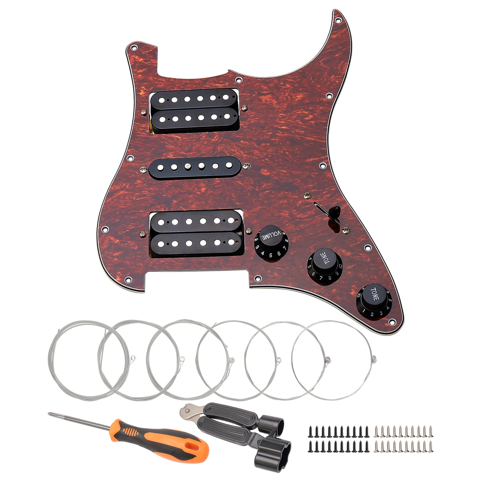 Unxuey11 Hole Loaded Prewired Pickguard Guard Plate with Black HSH Pickup Parts for Fender Strat Guitar, with Guitar Strings and Installation Tool