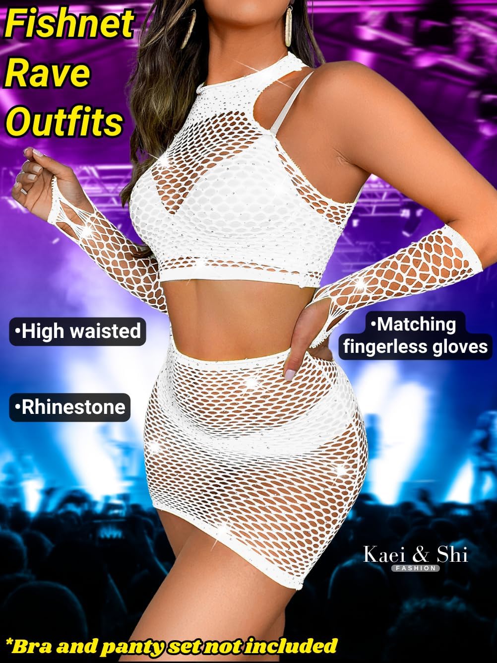 Kaei&Shi Rave Outfits for Women Festival,Glitter Rhinestone Fishnet Skirt Set,Sexy Mesh Swimsuit Cover Up Pool Party Outfit - Image 2