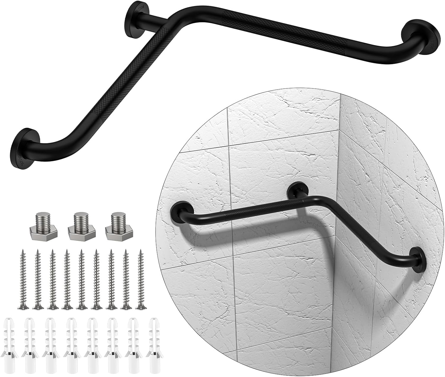 16×16 Inch Angled Shower Grab Bar, Munzong Anti Slip Black Bathroom Grab Bar, L-Shaped Knurled Balance Bar, Inside Corner Grab Bar,Safety Hand Rail Support Handicap Elderly Senior Assist Bath Handle