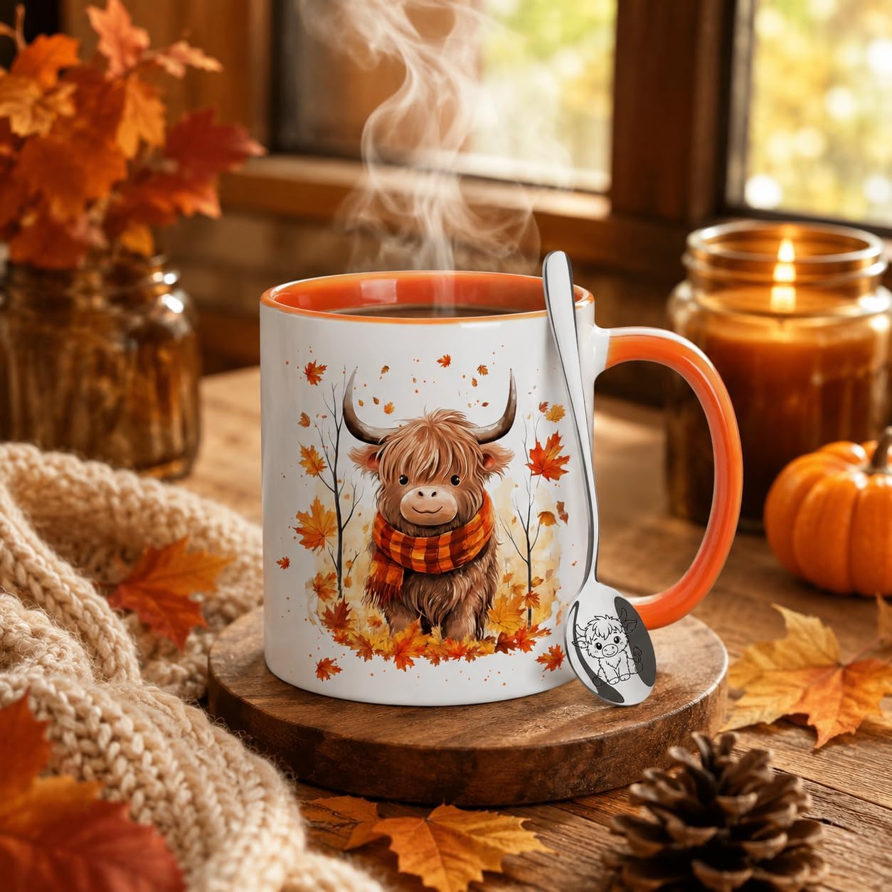 Hyturtle Fall Highland Cow Maple Leave Coffee Mug with Spoon Gift For Women