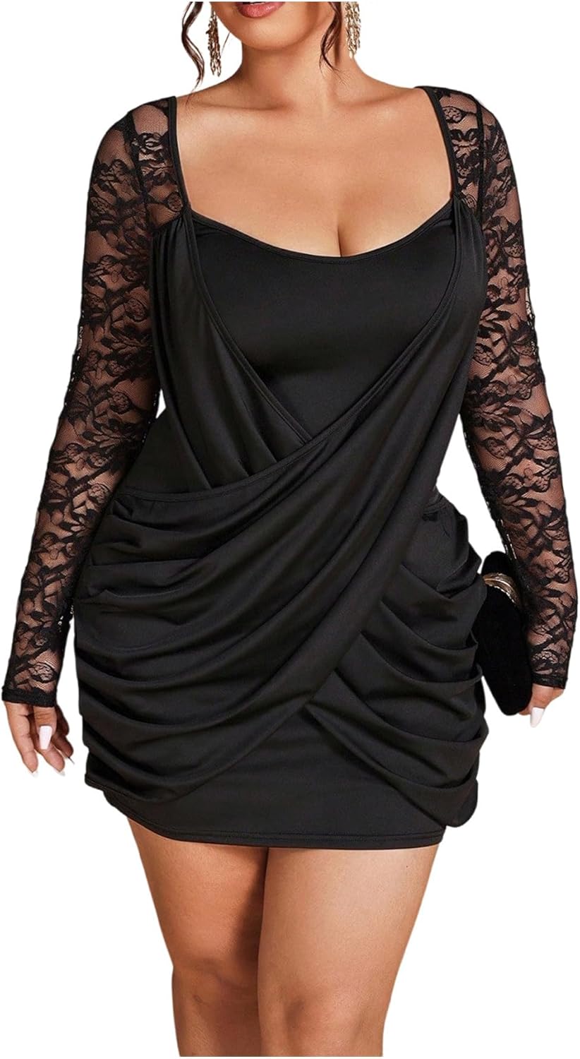 GORGLITTER Women's Plus Size Lace Dress Fall Casual Wrap Ruched Long Sleeve Bodycon Cocktail Birthday Party Mini Dress