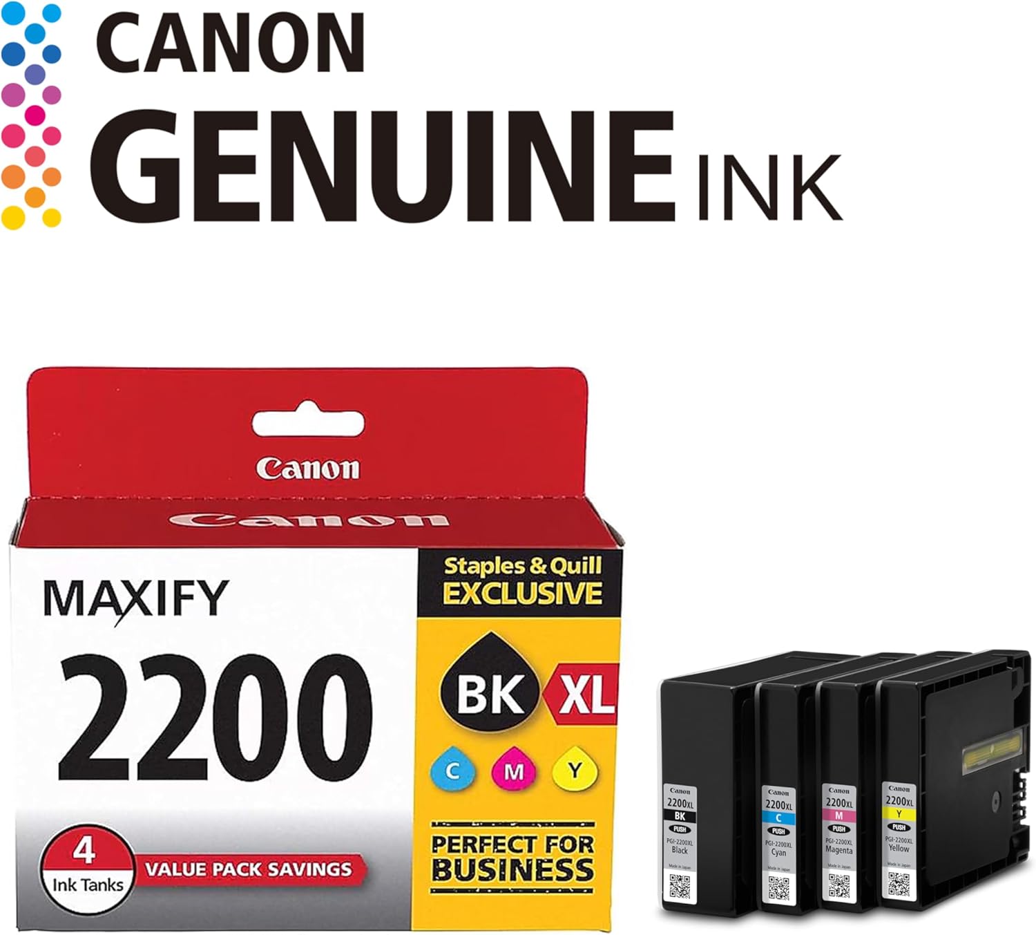 Canon PGI-2200 XL Genuine Four Color Value Pack, Compatible with MAXIFY: IB4120, MB5120, MB5420, IB4020, MB5020, and MB5320 (Optional) Printers