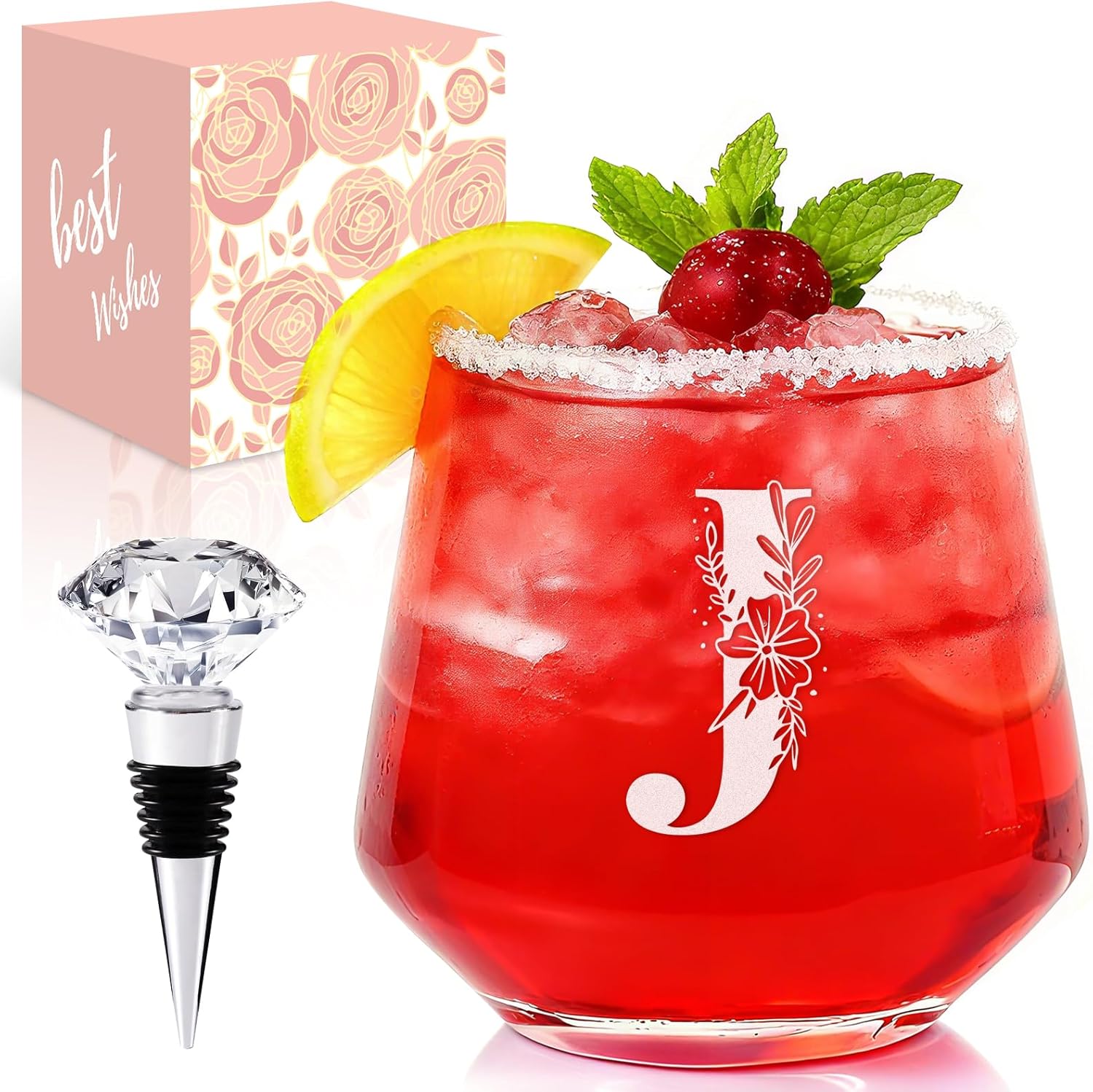 Physkoa Personalized Stemless Wine Glass — Customized A–Z Initial, Etched & Dishwasher Safe | Birthday Wine Gift for Her, Mom, Friend, Wife, Sister | Valentine’s Day Monogrammed Gift(J)