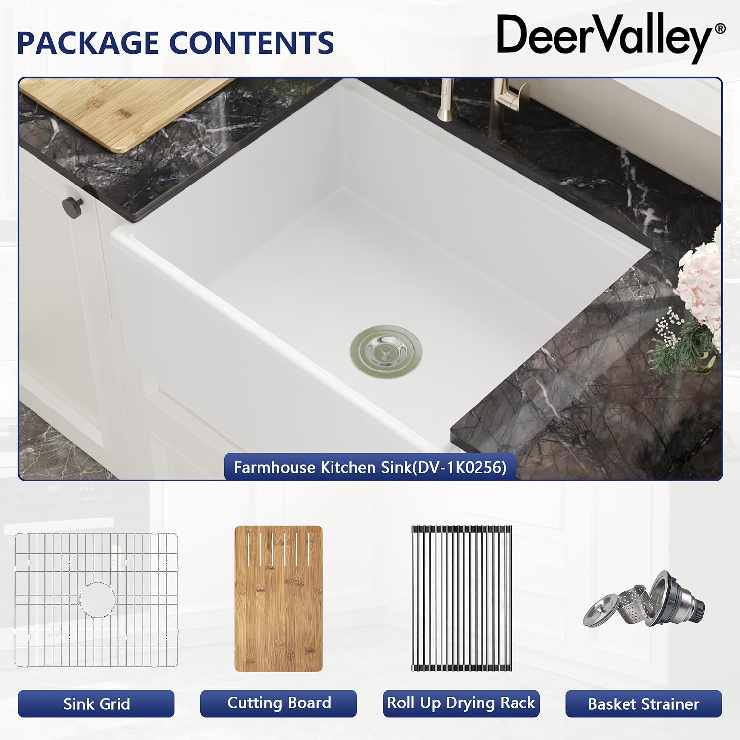 DeerValley White Farmhouse Sink 24 Inch, Single Bowl Farmhouse Kitchen Sink with Grid, Strainer & Workstation Accessories
