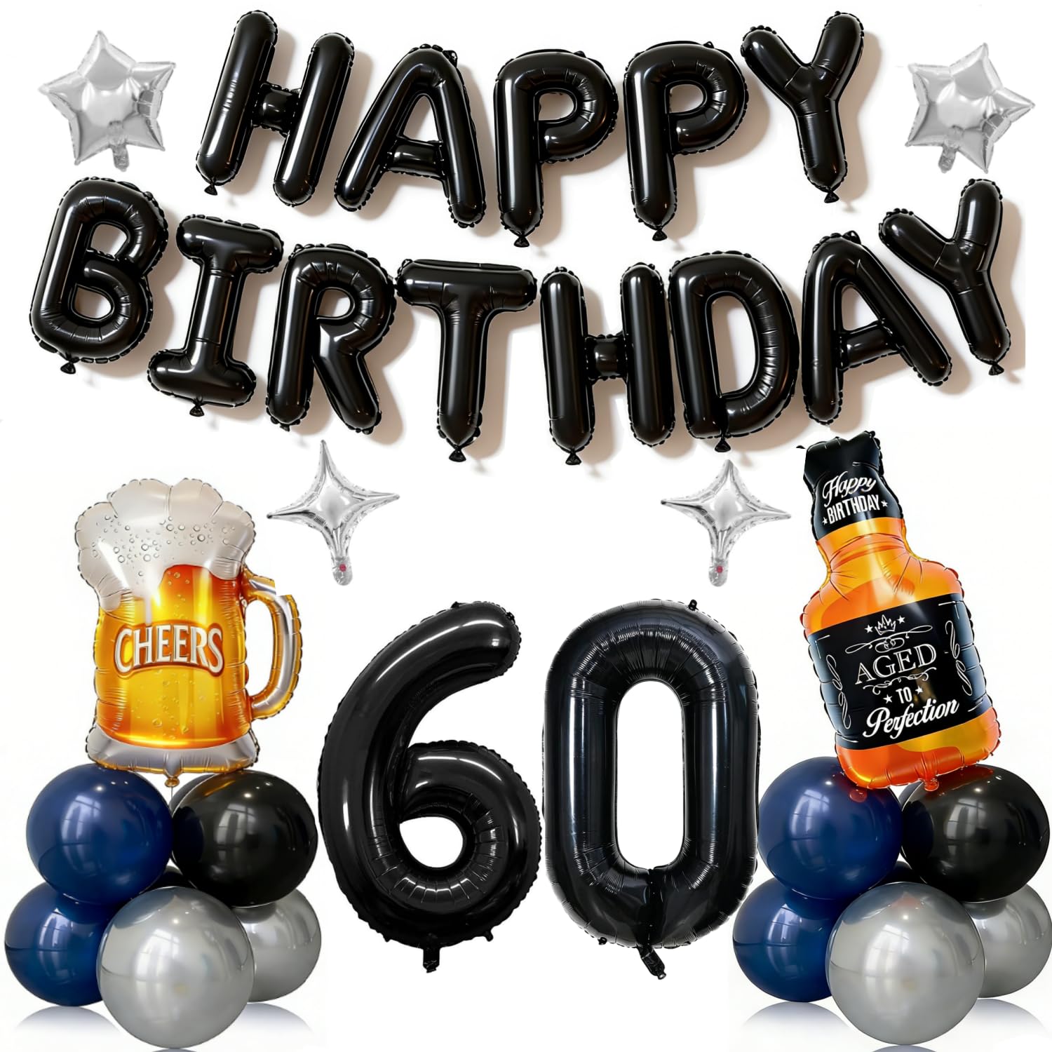 60th Birthday Decorations for Men 41pcs with Number 60 Foil Balloon Black and Blue Balloons Whiskey Beer Kit for Party Supplies