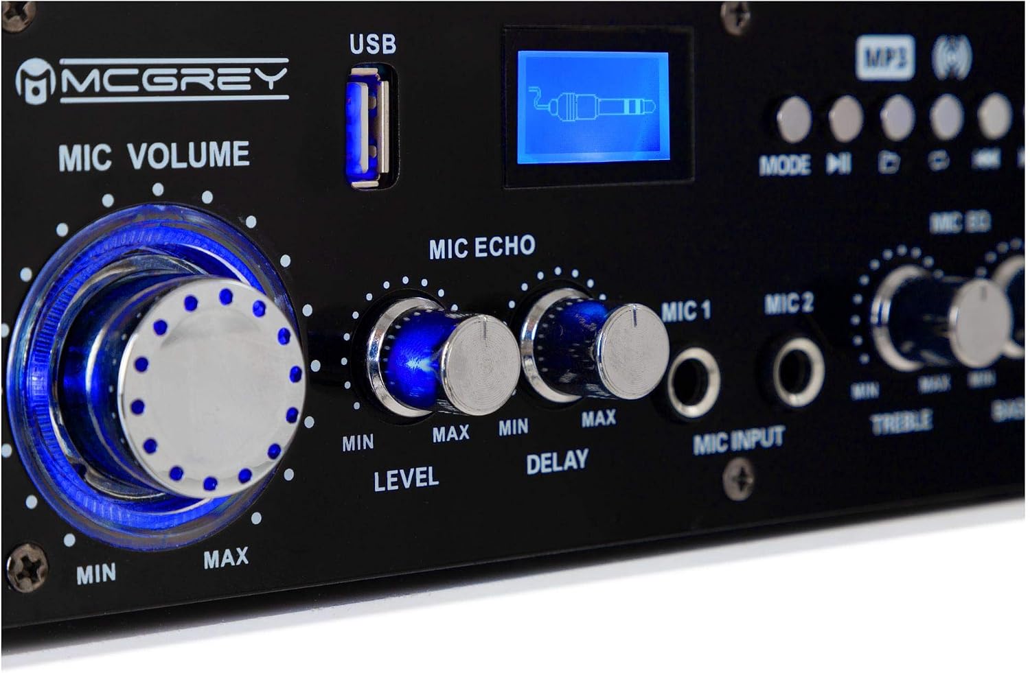 Close-up of microphone controls including volume, echo, level, delay, treble, and bass on the McGrey PA-350BT amplifier