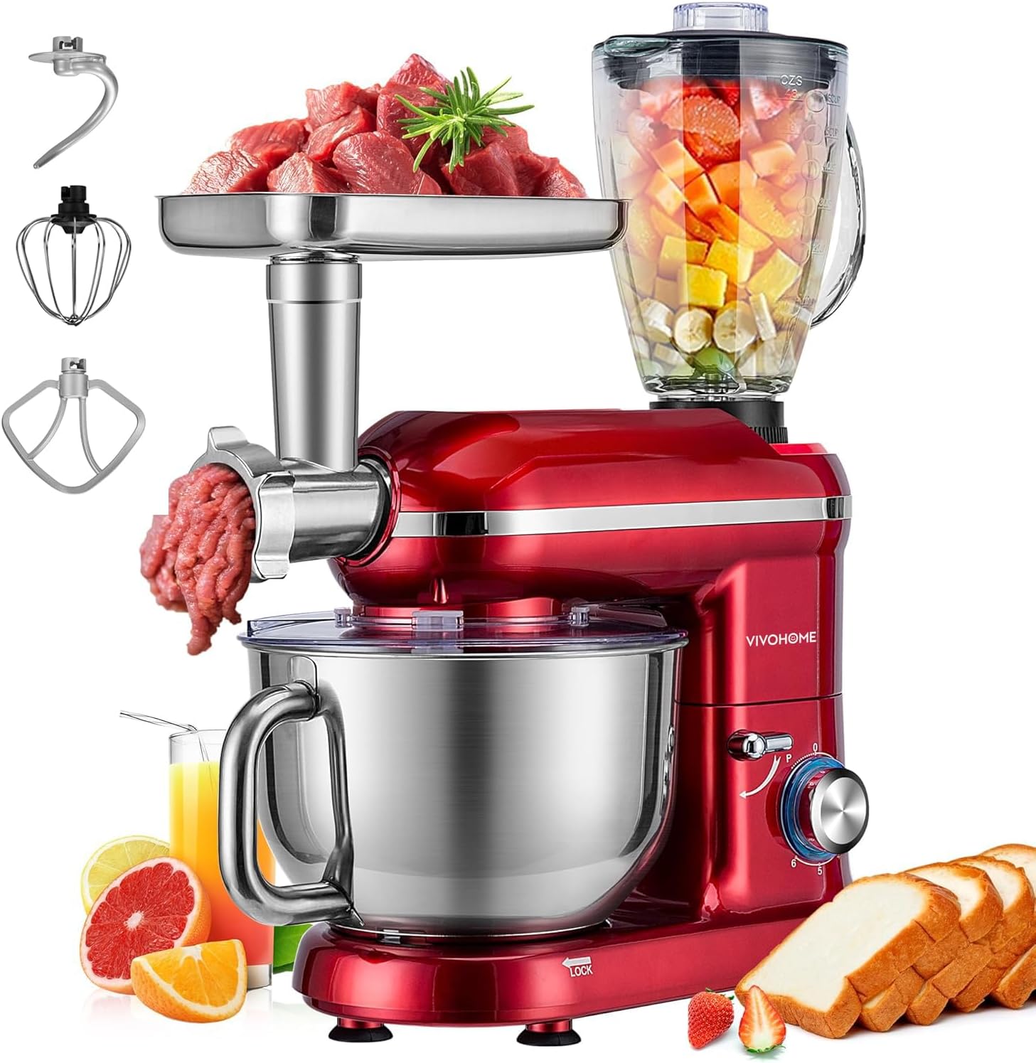 VIVOHOME 6 Quart 650W 3-in-1 Tilt-Head Stand Mixer with Meat Grinder Blender Attachments Red