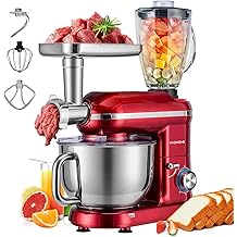 VIVOHOME 3-in-1 Stand Mixer, 6 Quart Electric Tilt-Head Kitchen Mixer with Bowl, Multifunctional Food Mixer with Meat Grinder and Blender Attachments, Dough Hook, Beater, and Whisk, Red