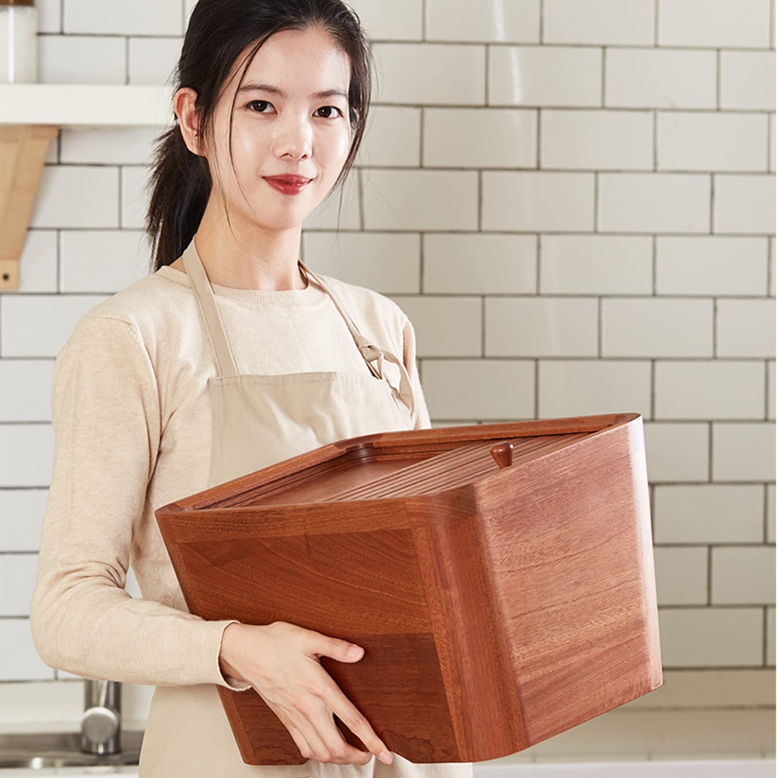 Contenitori per Alimenti Ermetici Barile Di Riso In Legno Per Uso Domestico - Scatola Porta Riso Sigillata Grande Da 10 Kg, Grano/cibo Secco/cereali/mais, Piano Di Lavoro Della Dispensa Della Cucina