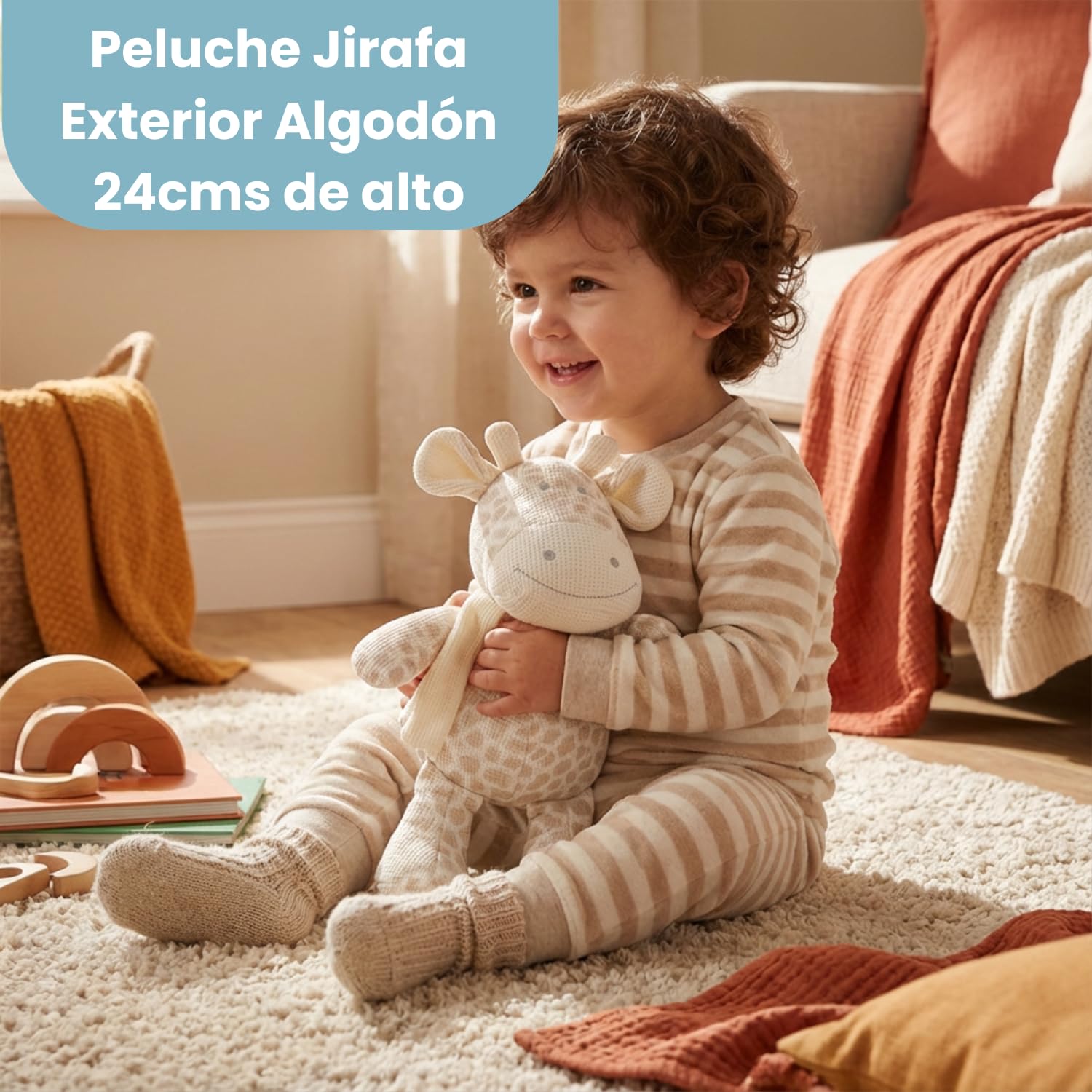 Cesta Bebé Personalizada Mi Jirafa, Regalo Recién Nacido con Manta Coralina, Peluche Jirafa, Cepillo y Peine Personalizados y Gasa Bordada
