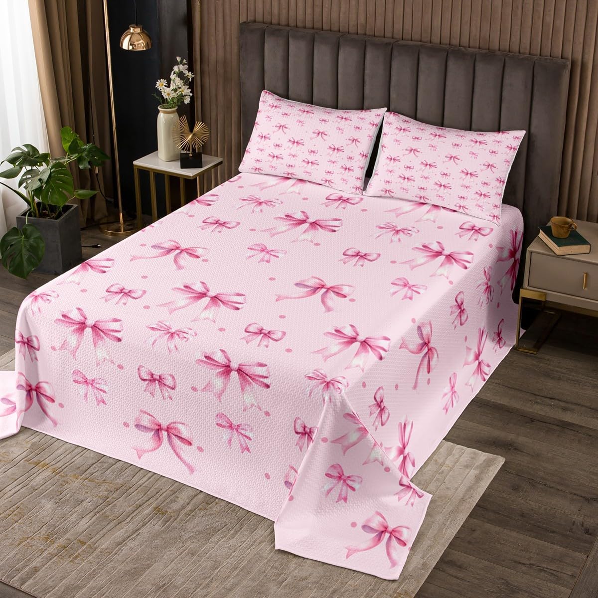 Erosebridal Pink Bow Knot Coverlet Set Queen Size Romantic Cute Dog Bedding Set for Kids Girls Boys Kawaii Pets Quilted Coverlet Dreamy Bow Tie Cartoon Animal Quilted