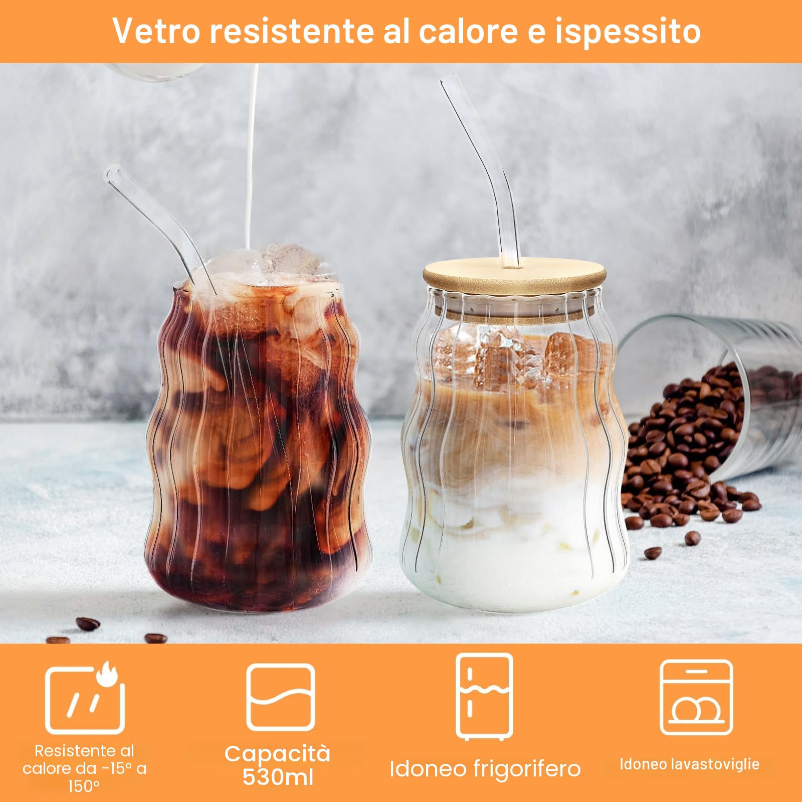 APOMOONS Set di 2 bicchieri con coperchio e cannuccia tazze in vetro a coste caffè ondulato con cannucce trasparenti ghiacciate per acqua, succo di caffè, birra latte