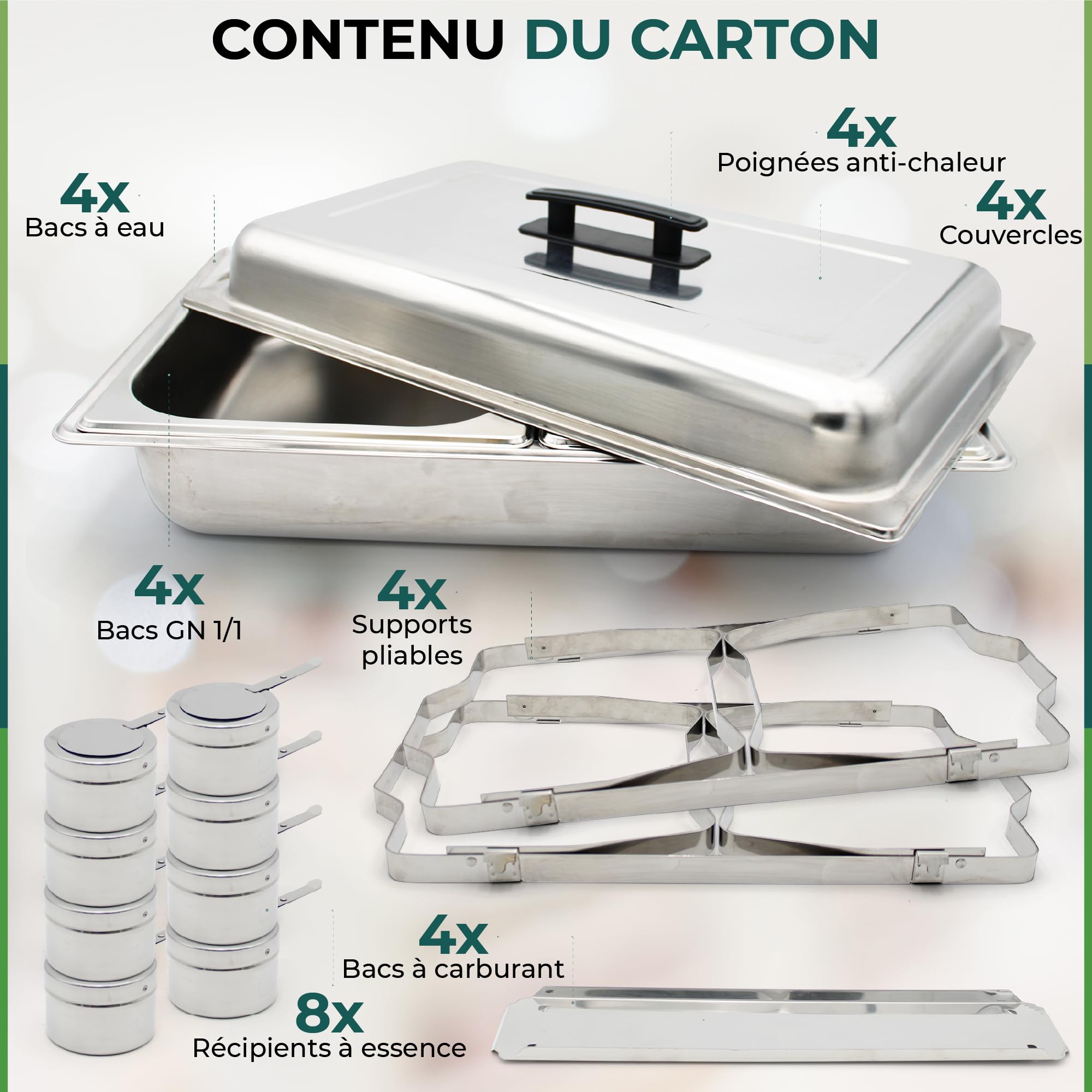 Lot de 4 Chauffe Plat LEUTHERIA - Chafing Dish ou rechaud en INOX Alimentaire pour Buffet/Bain Marie Professionnel/Maintien au Chaud/Traiteur/hôtel/Restaurant - Acier Inoxydable SS201