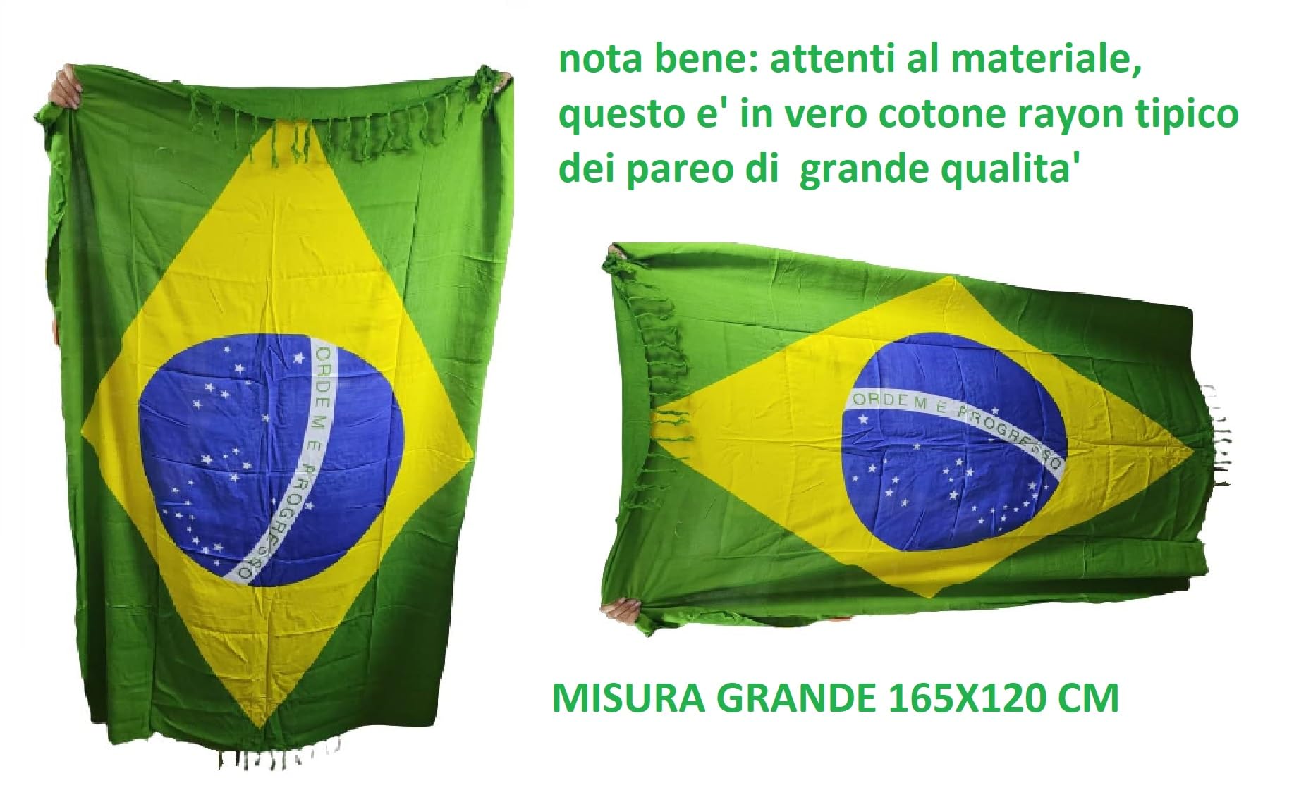 Pareo Mare Bandiera Brasile in Cotone Rayon,165x120 cm con Frange, FRESCHISSIMO E LEGGERISSIMO Tipico Cotone dei Pareo di Grande QUALITA'