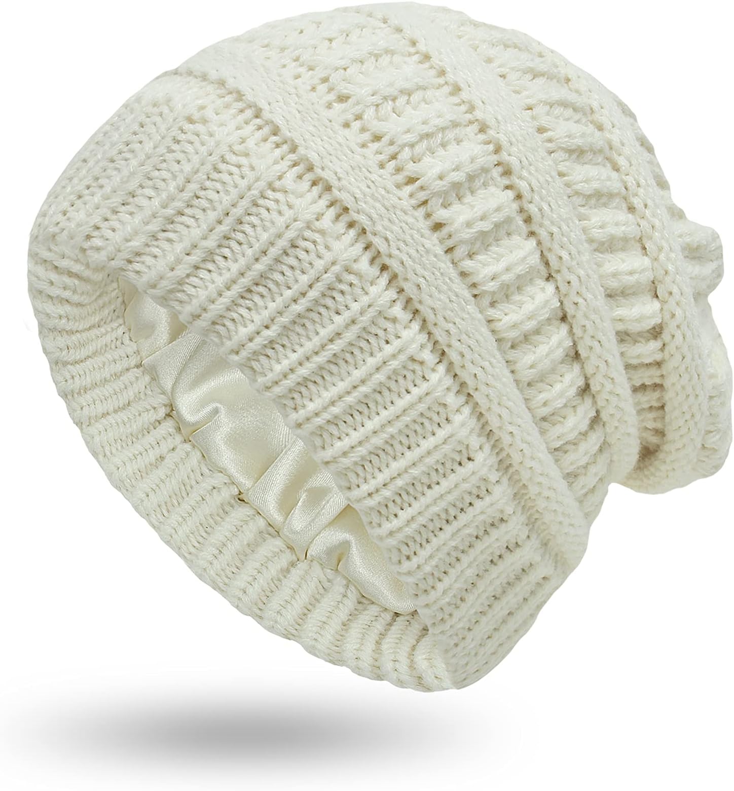 ExemabaWomen's Knit Beanie Hat, Satin Lined Ladies Ski Skull Cap Girls Slouchy Winter Warm Hat(White)