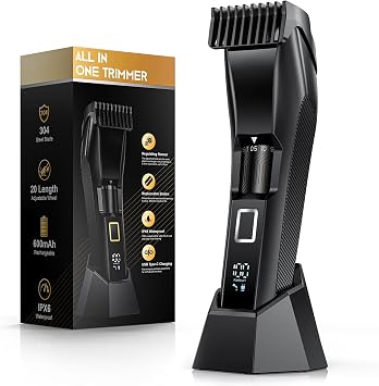 NAUQUOHZ Mens Beard Trimmer-All-in-One Mustache Trimmer with 20 Length Adjustable, Stainless Steel T-Blade for Precision Facial Hair Trimming Cordless IPX7 Waterproof Wet/Dry Clipper,LED Display
