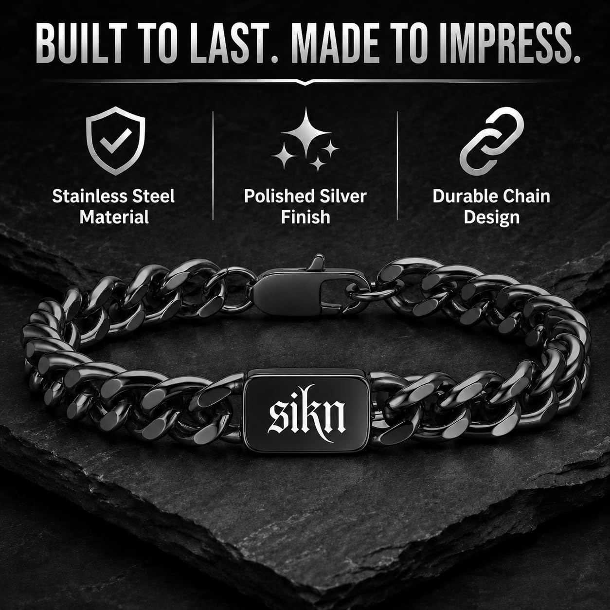 Silver Stainless Steel Cuban Link Inspirational Bracelet for Men, Gothic Engraved Plate Chain Bracelet with Motivational Quote, Sleek Mens Jewelry Gift