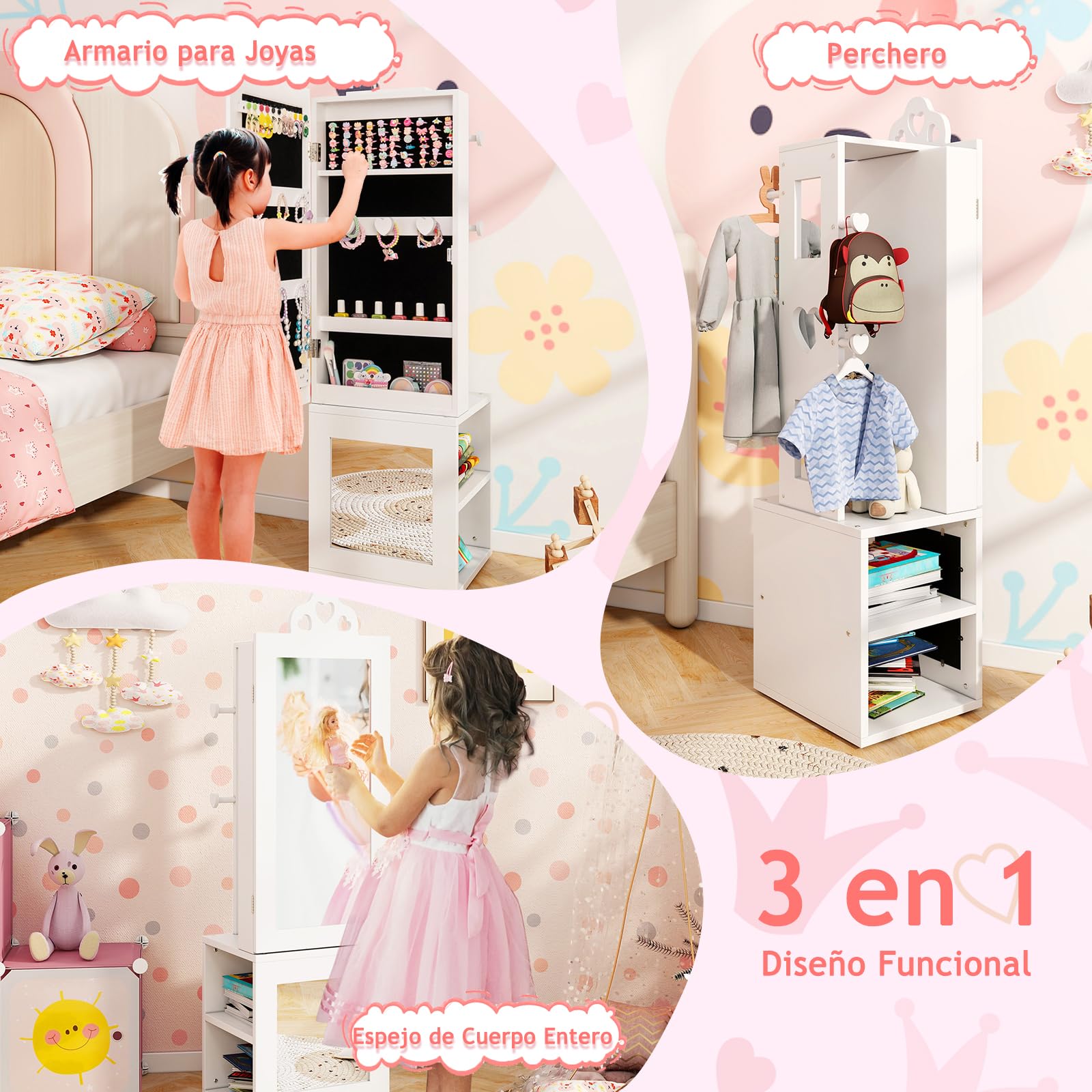 GOPLUS Armario de Joyería para Niños con Espejo de Cuerpo Entero, Organizador de Joyería Infantil de Pie con Perchero, Sistema Antivuelco, Armario de Joyería Princesa para Dormitorio (Blanco)
