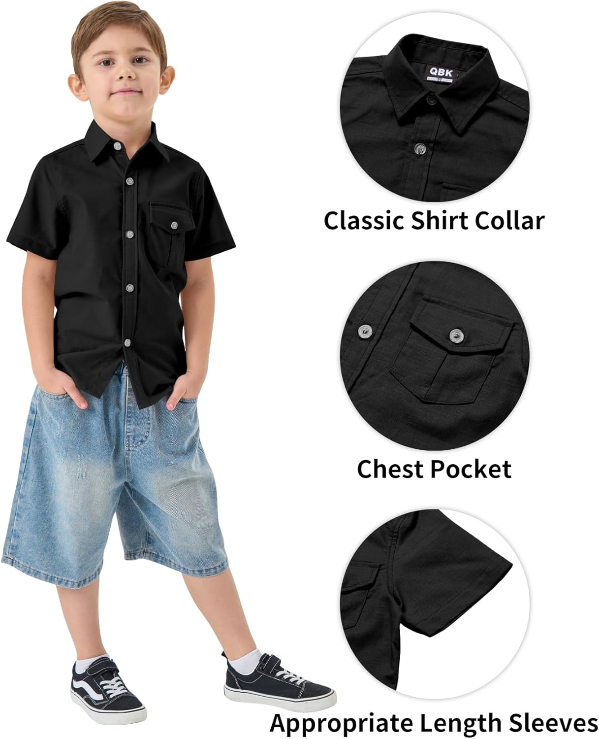 QBK Boys' Cotton Linen Short Sleeve Classic Button Down Shirts Boys Dress Shirt with Chest Pocket for 2T-16 Years - Image 5