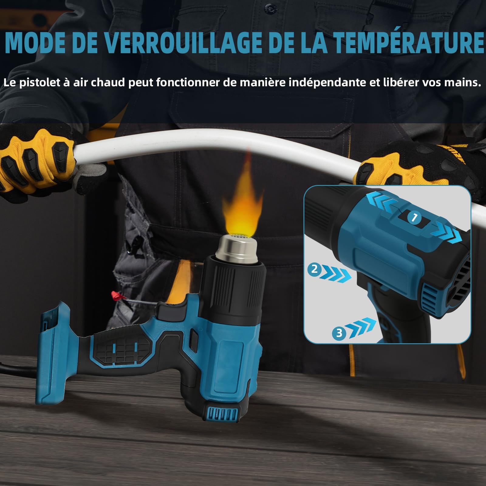 Pistolet à air chaud sans fil 350 W - Compatible avec batterie Ma-kita 18 V - Décapeur thermique 86-1022 ℉ pour le bricolage, avec 3 buses et grattoir, sans batterie