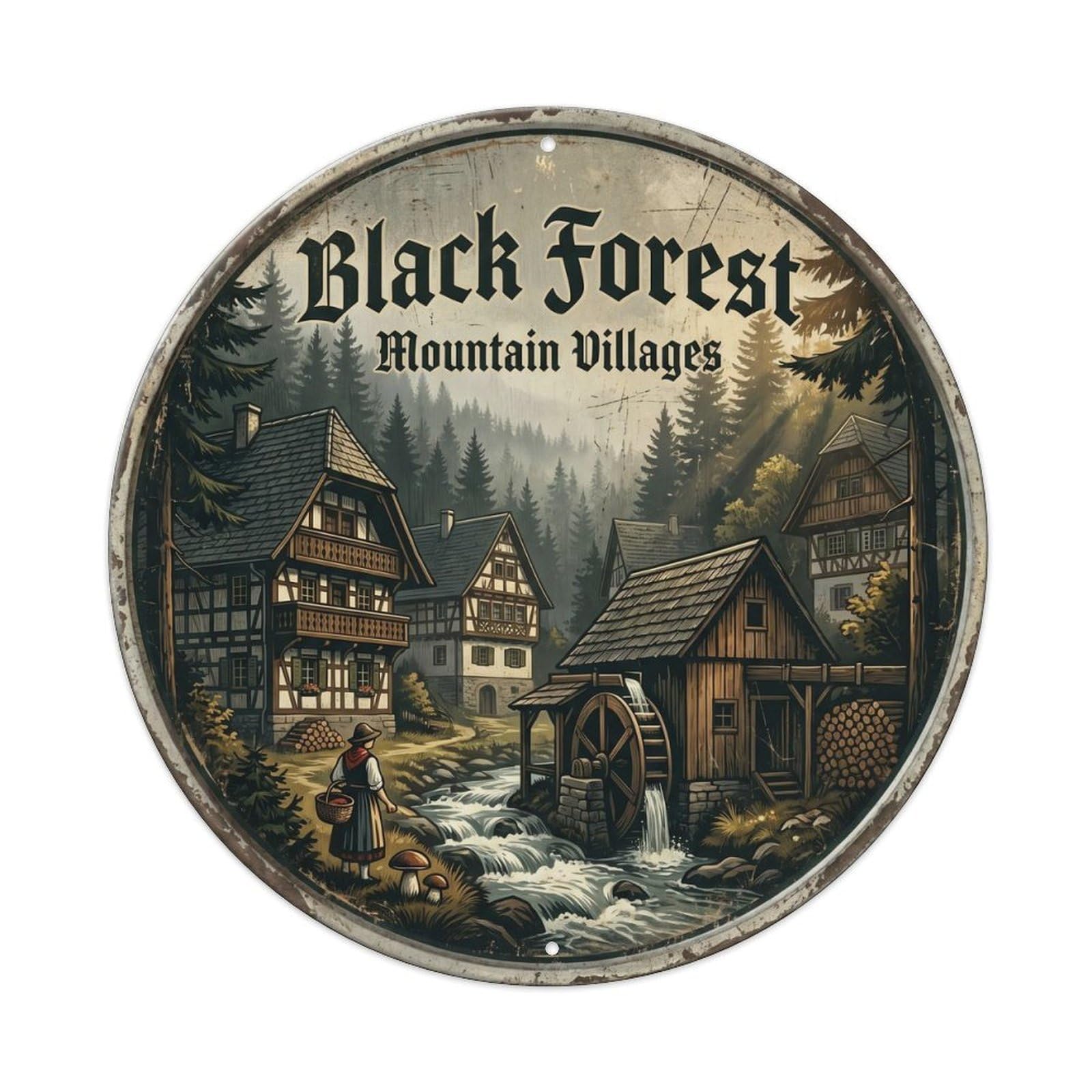 Vintage Travel Schwarzwald Forest Village Metal Tin Sign Plaque Wall Decor for Cafe, Club, Garden Round Metal Poster 8x8Inch