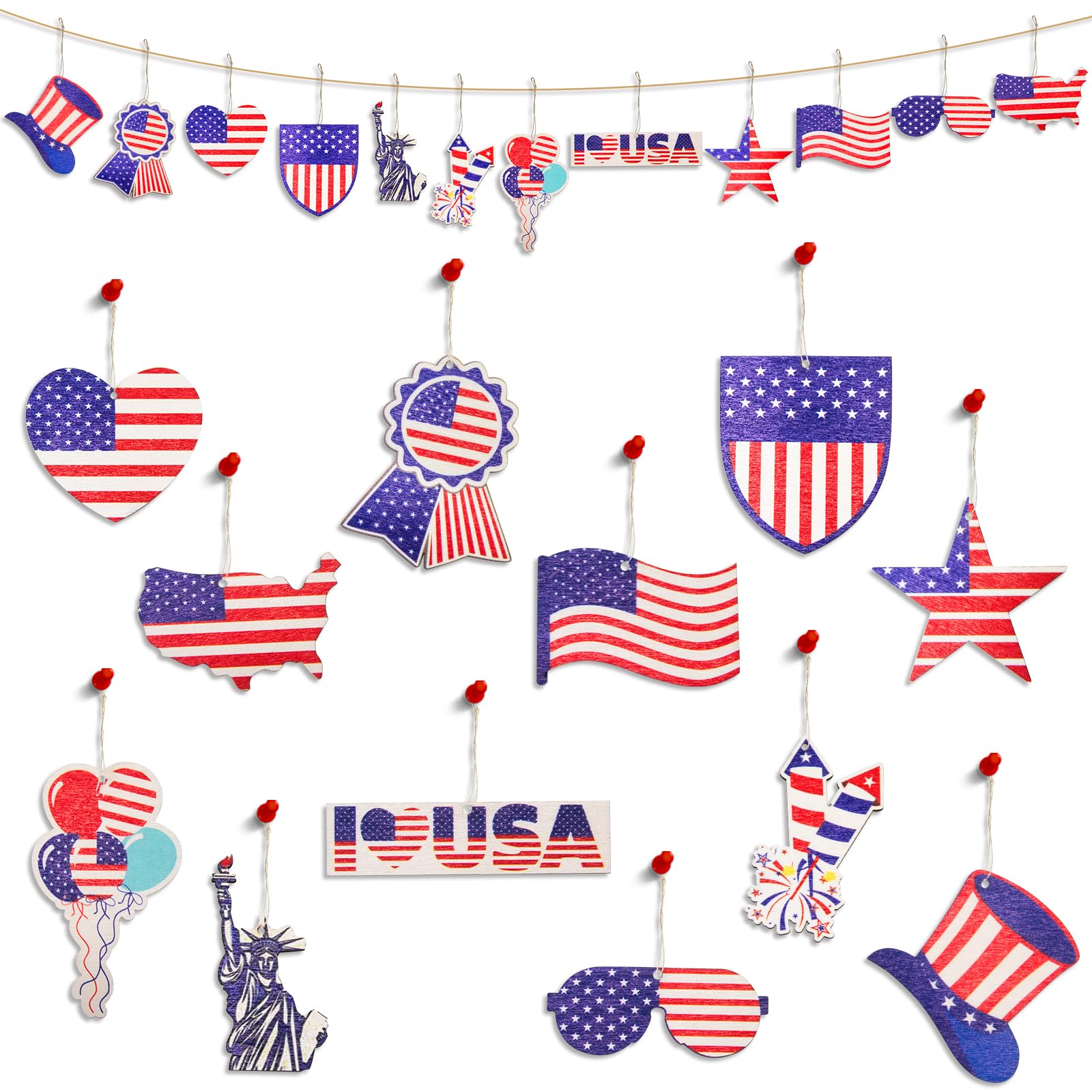 Photo 1 of 4th of July Ornaments for Tree, Vanthylit 24pcs Wooden Independence Day Decorations, Hanging Memorial Day Ornaments for Home Table Tiered Tray Party Favor