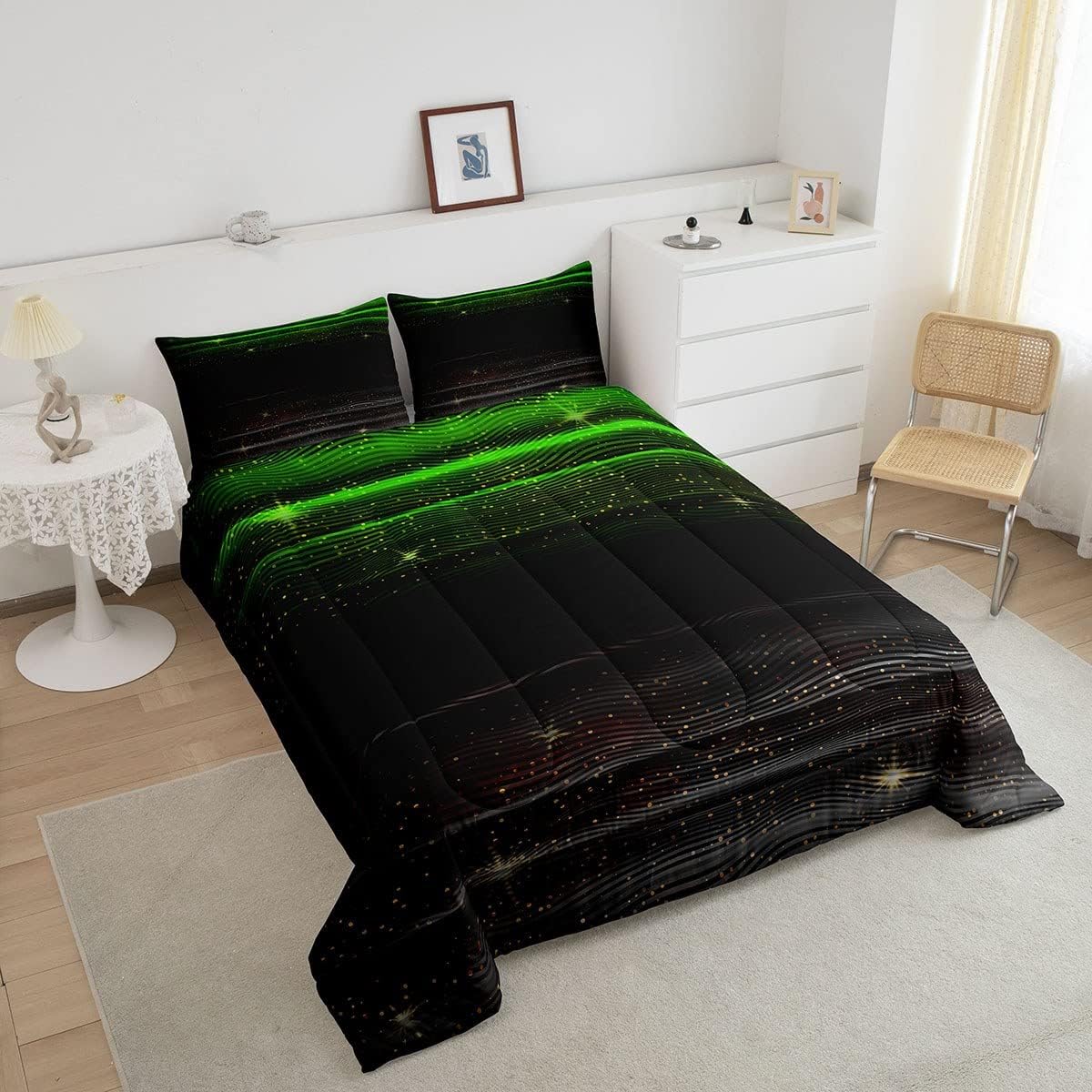 Purple Green Black Ombre Comforter Set Queen,Space Starry Sky Bedding Set,Trippy Stripes Gradient Down Comforter,Watercolor Tie Dye Duvet Set,Soft Warm Modern Pastel Striped Bedroom Decor Quilt Set