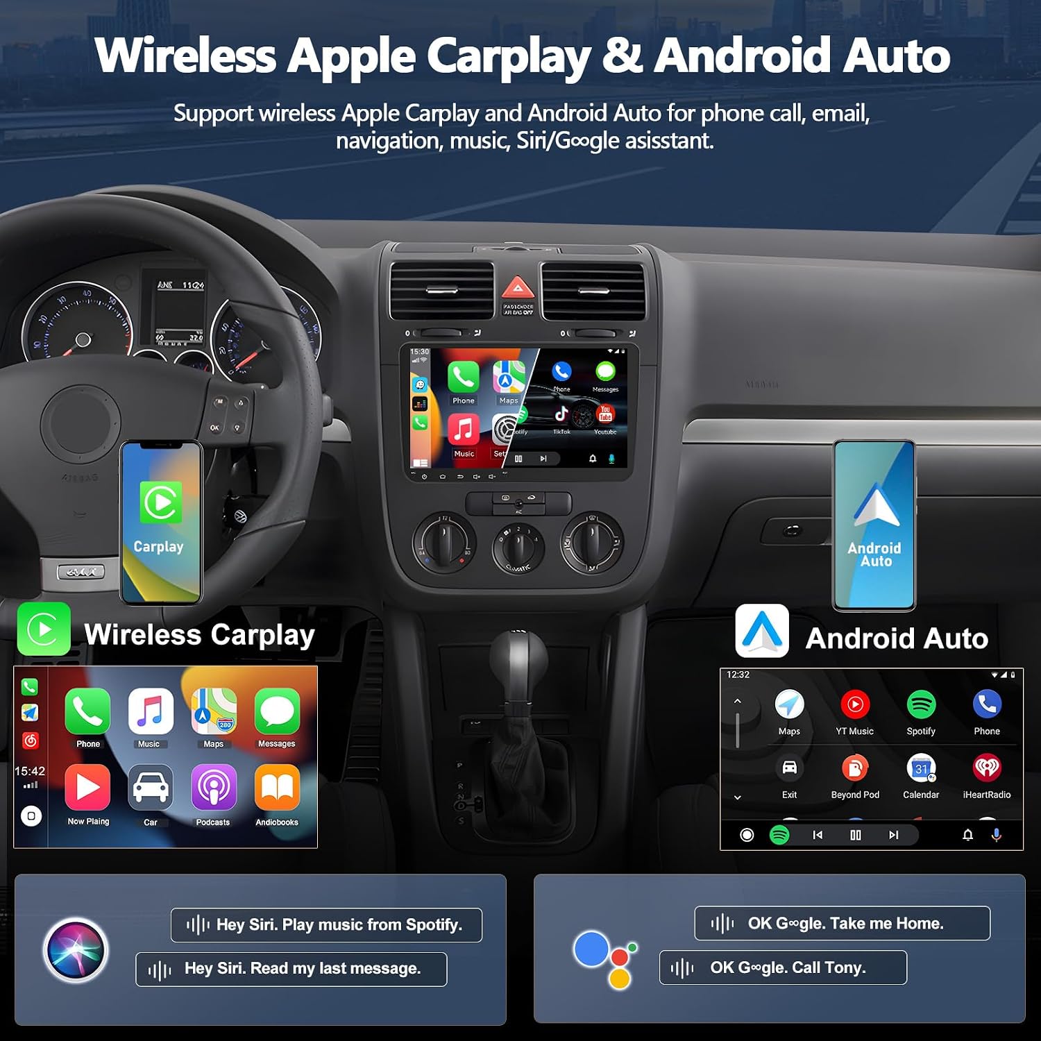 CAMECHO 4G+64G Car Stereo Radio for Volkswagen VW Jetta 2006-2015 with Wireless CarPlay Android Auto 9 Inch 1280 * 720 Touch Screen Head Unit with GPS Bluetooth 5.0 32EQ WiFi FM RDS Backup Camera