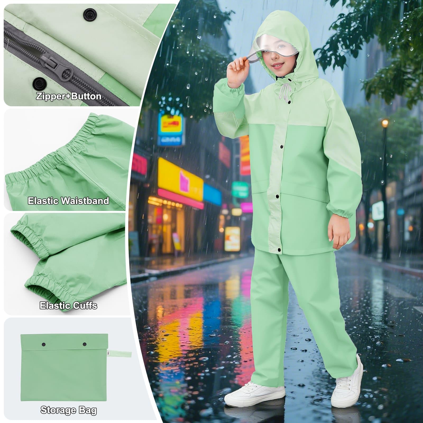 JinBei Traje Impermeable Niños, Chubasquero con Capucha Niña 2 Piezas Ligero Impermeables Chaqueta y Pantalones Reflectante Conjunto Ropa de lluvia Unisex para Escuela Senderismo 8-14 años