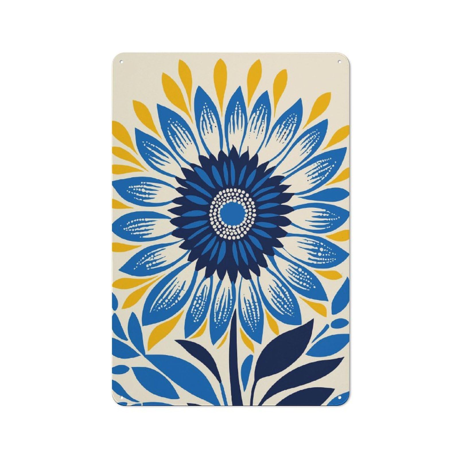 Junmoney Style-12 Blue Sunflower Print Classic Metal Wall Decor 30X20cm, Metal Wall Plaque For Hobby Room, Office, Lounge Or Living Room