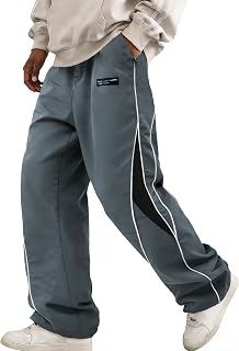 FCOOLYEET Mens Straight Leg Sweatpants Y2k Baggy Track Pants Drawstring Striped Sweatpants Cool Parachute Pants Streetwear