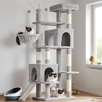 Hey-brother Cat Tree Tower, Heavy Duty Scratch Post with Platform, Large Condo Hammock, Removable Toy, Scratching Board, Multi-Level Furniture, Indoor Cats, 59.0 or 72.8 Inches, Light Gray MPJ055W
