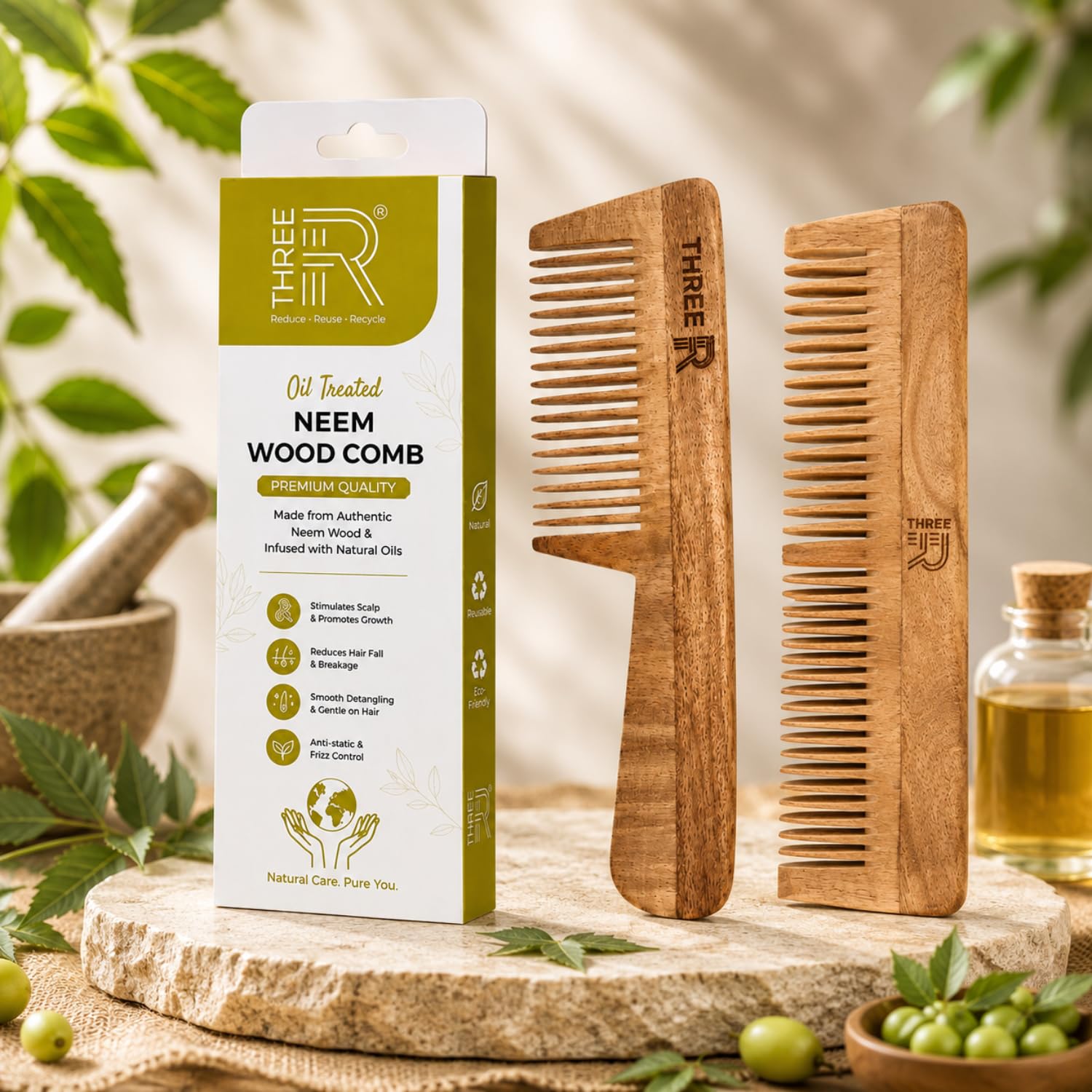 THREE R Kacchi Neem Wood Comb Combo Pack of 2, Oil Treated with 10 Herbs & Natural Oils, Wide Tooth & Dual Tooth Wooden Comb for Hair Growth, Hair Fall Control, Dandruff Care, Detangling, Frizz Control for Men & Women-image-27