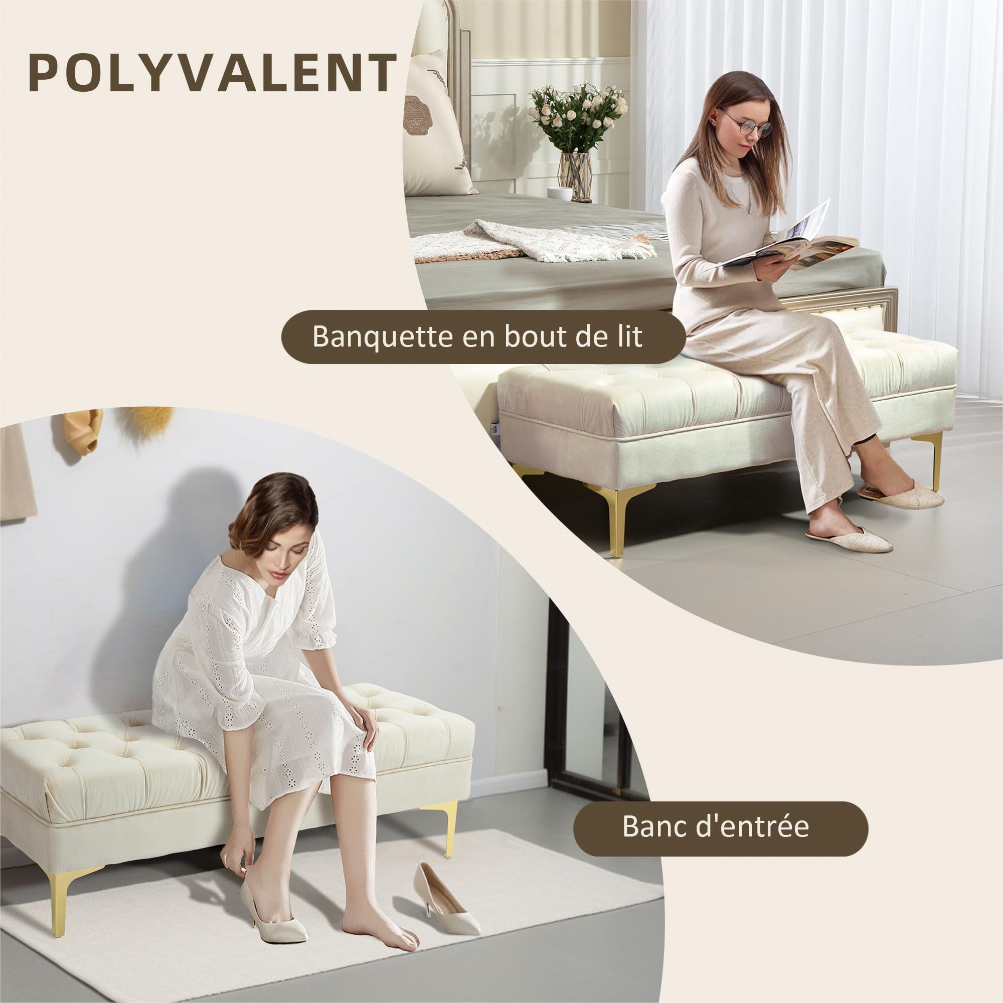 HOMCOM Banco tapizado al Final de la Cama Estilo clásico Chic Dim. 118L x 45W x 42H cm Base de Metal Dorado Terciopelo Beige