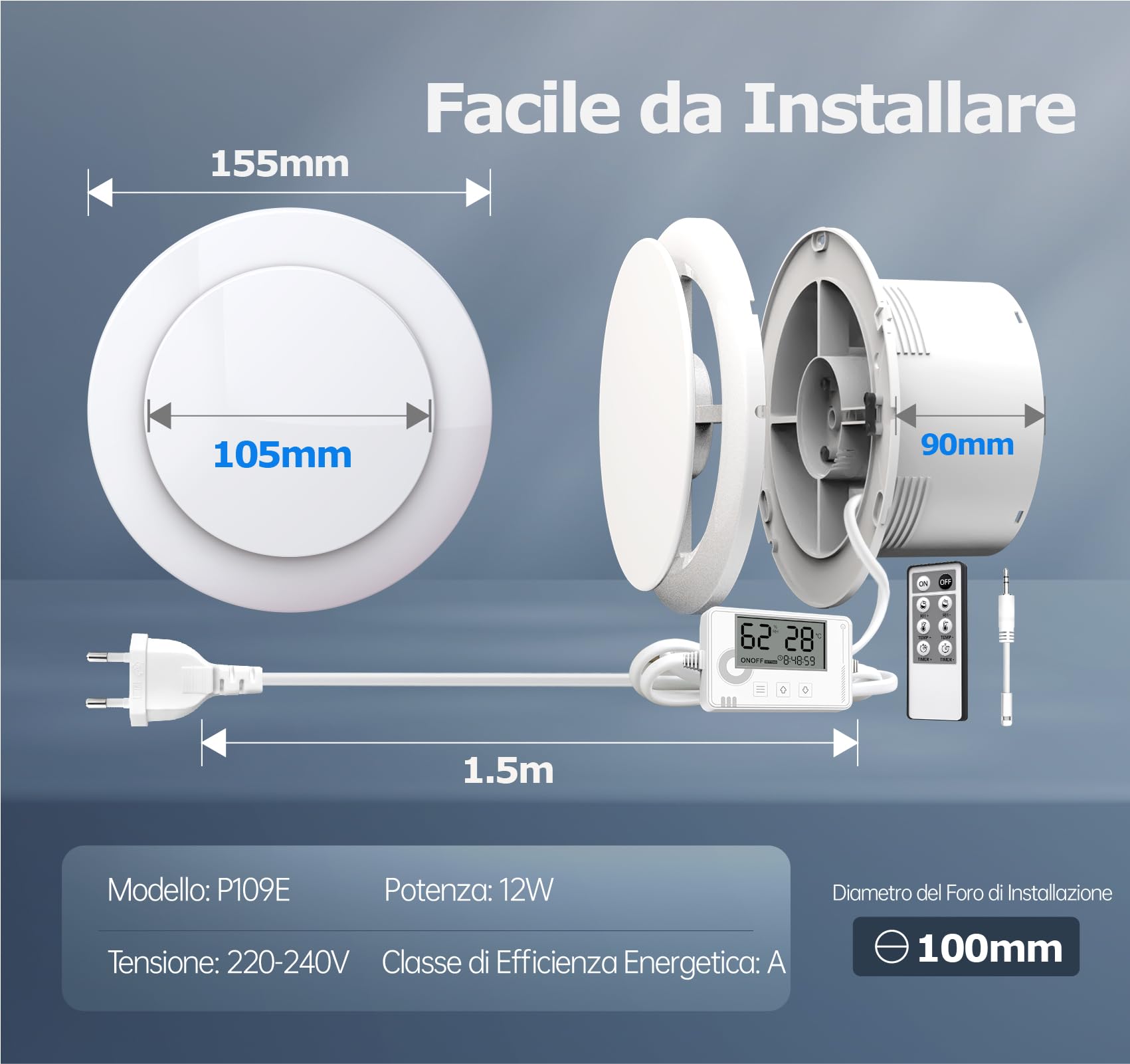 Aspiratore Bagno 100mm con Sensore di Umidità, Temperatura e Timer, Display Temperatura e Umidità in Tempo Reale Estrattore Aria Silenzioso, Ventola Spirazione Ventilatore con Telecomando
