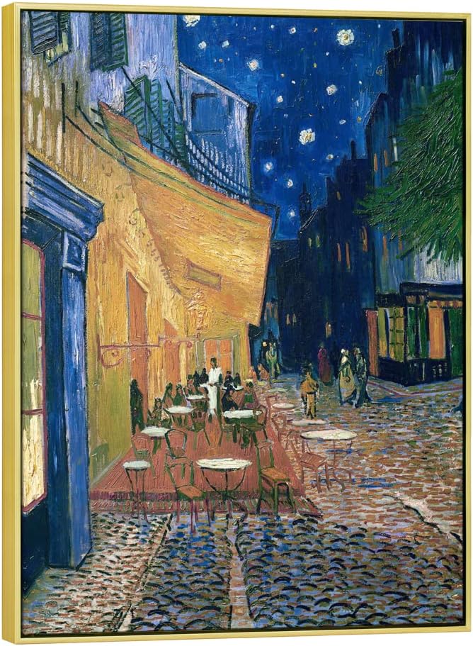 Wieco Art Framed Art Giclee Canvas Prints of Cafe Terrace at Night Canvas Prints Wall Art by Van Gogh Paintings Abstract Framed Canvas Wall Art for Home Decor Golden Frame