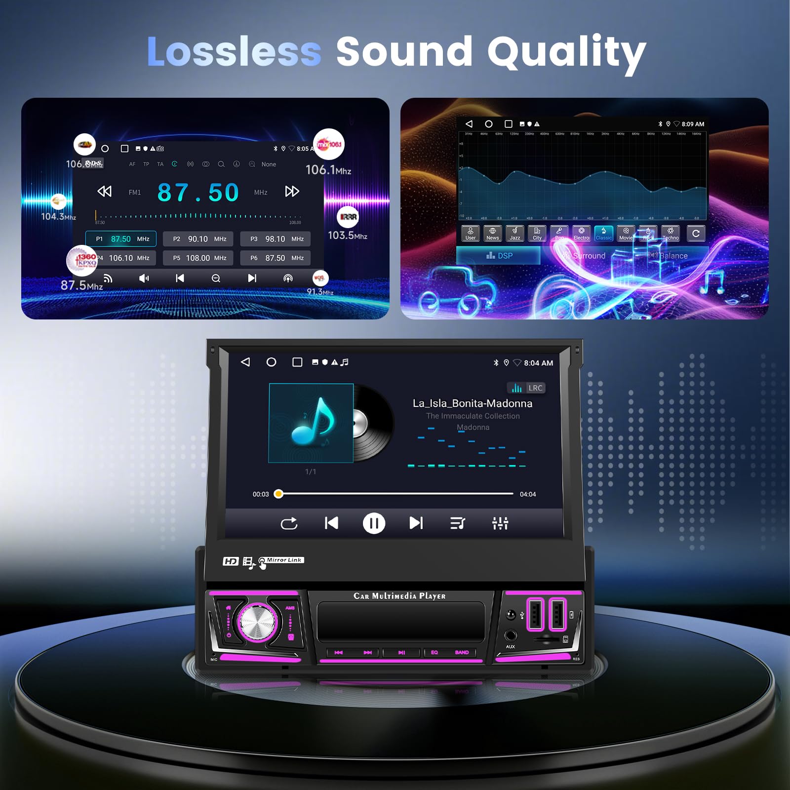 Hodozzy 2G + 64G Android singolo DIN Flip Out Car Stereo, 7 pollici Touchscreen Autoradio con CarPlay Android Auto, GPS 1 Din Car Audio con WIFI, Bluetooth, FM/RDS, DSP, Schermo diviso, 2 USB, SWC