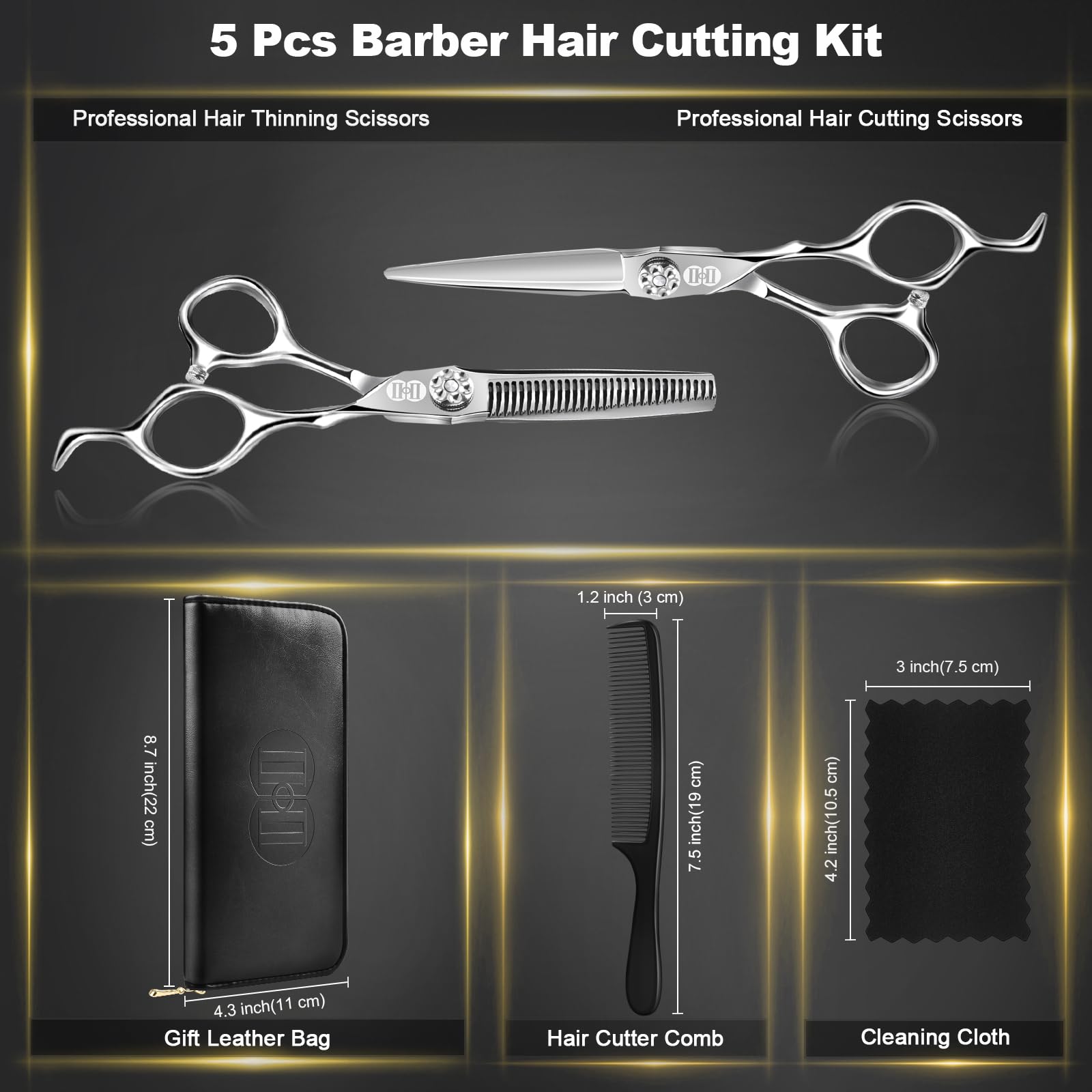 CIICII Professional Hair Cutting Scissors Shears Kit, 440C 6.7 Inch Barber Haircut Scissors Set (Hair Beard Trimming Haircutting Thinning Shears) for Hairdressing Stylist Hairdresser Salon Home