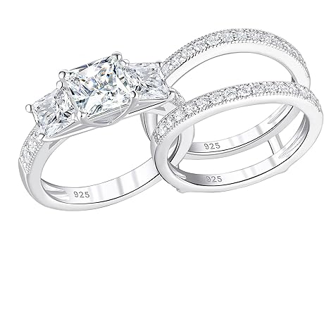 Sparkling CZ Three-Stone Wedding Ring Set: Shimmering Radiance for Your Special Day