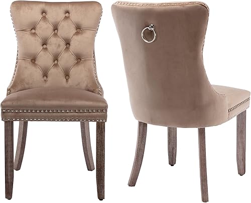 Miniatura 158 de Aoowow Juego de 2 sillas de comedor tapizadas de terciopelo, sillas laterales sin brazos con respaldo de ala, botones y patas de madera maciza para
