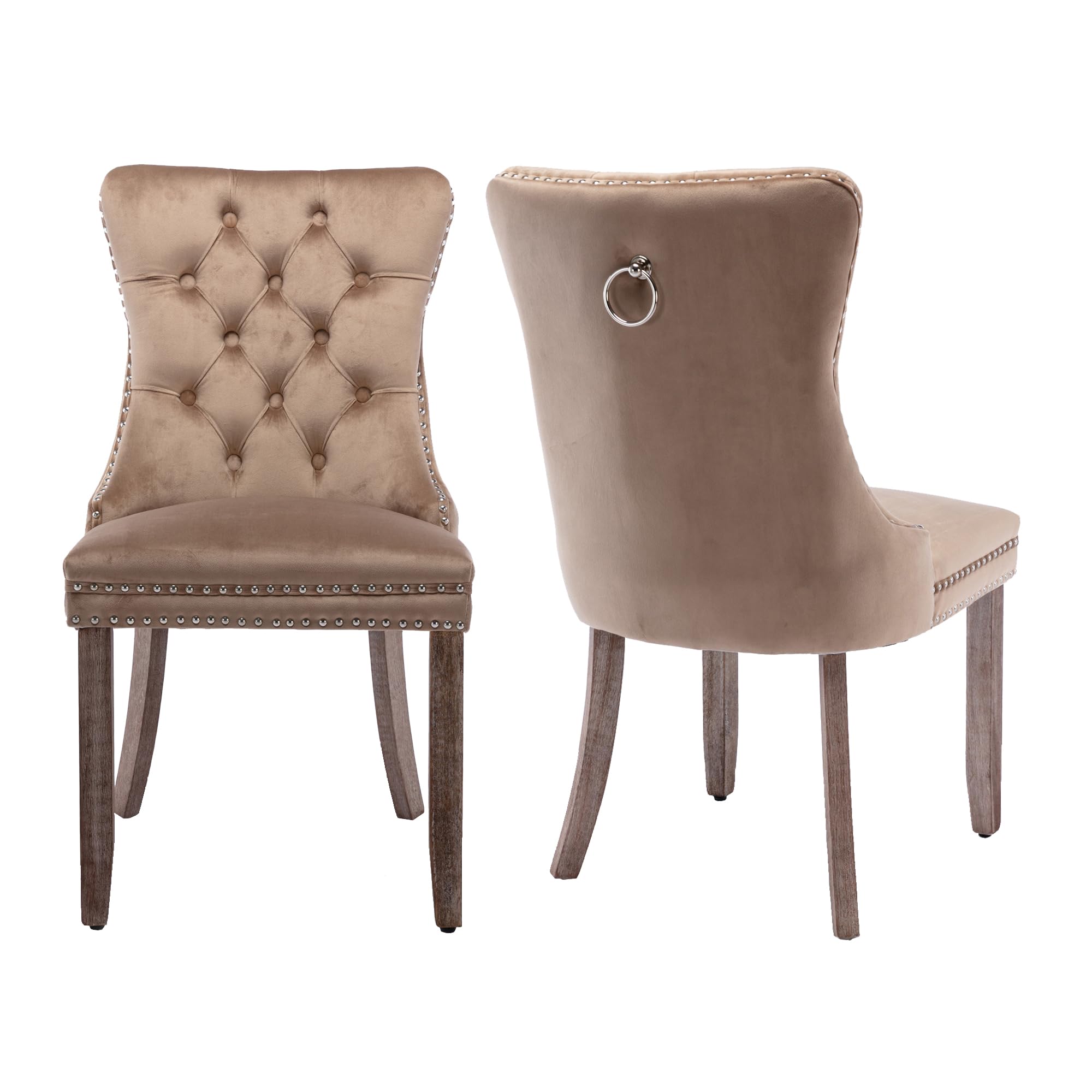 Aoowow Velvet Upholstered Dining Chairs Set of 2, Wingback Armless Side Chairs Button Tufted with Solid Wood Legs for Kitchen Dining Room (Khaki)