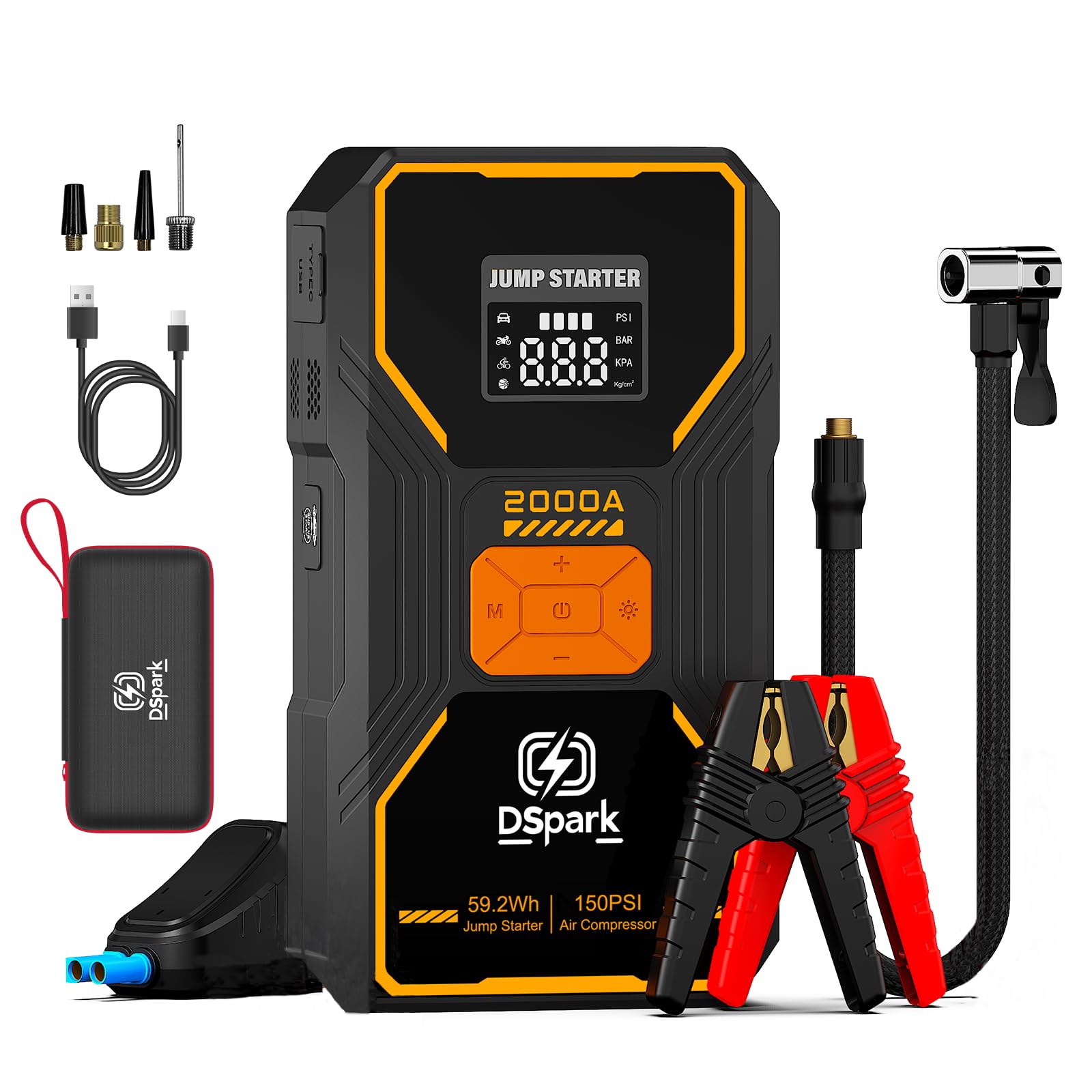 Dspark B31 2000A Jump Starter Booster Pack with 150PSI Air Compressor, Car Battery Jump Starter (7.0L Gas and 6.5L Diesel),12V Portable Jump with Quick Charge LED Flashlight Compact Storage Case