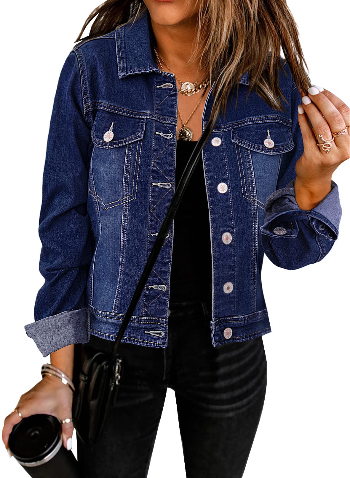 GRAPENTWomen's Basic Button Down Long Sleeve Stretchy Jean Trucker Denim Jacket
