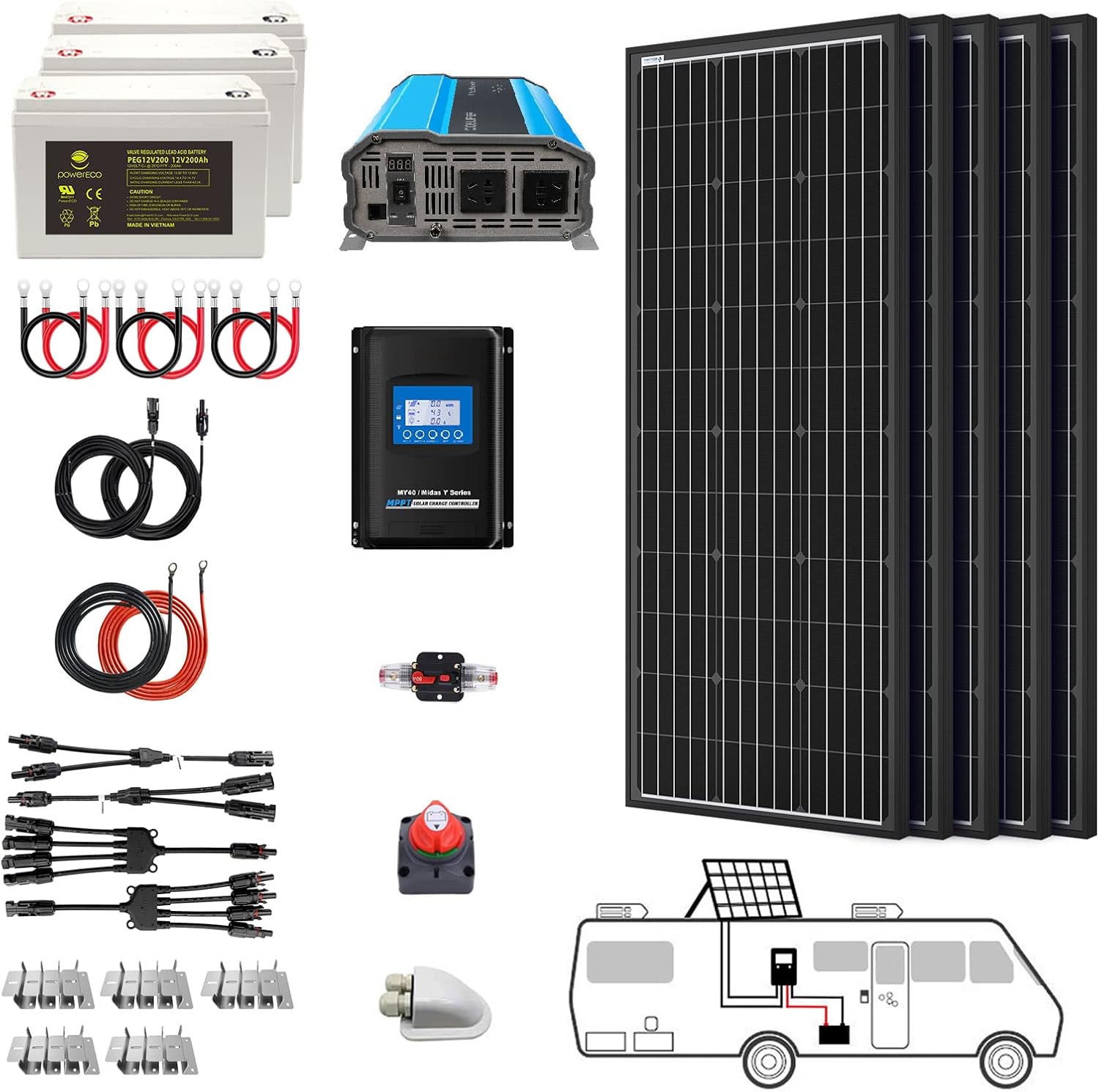 600 Watt (6pcs 100W Mono) Solar Panel Kit + 3000 Watt Power Inverter + Gel Battery Bank for RV, Boat, Cabin, Off-Grid 12 Volt Battery System