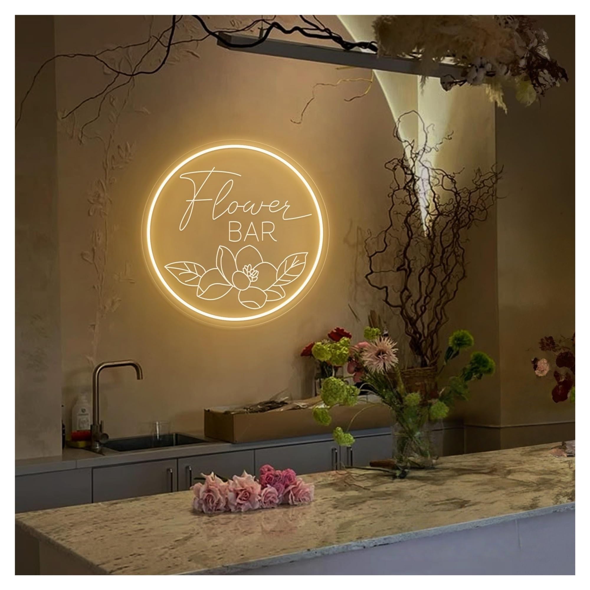 Insegna al Neon LED Insegna Al Neon Flower Bar, Luce A Per Decorazioni Da Parete Feste, Pub E 35cmx35cm(UN)