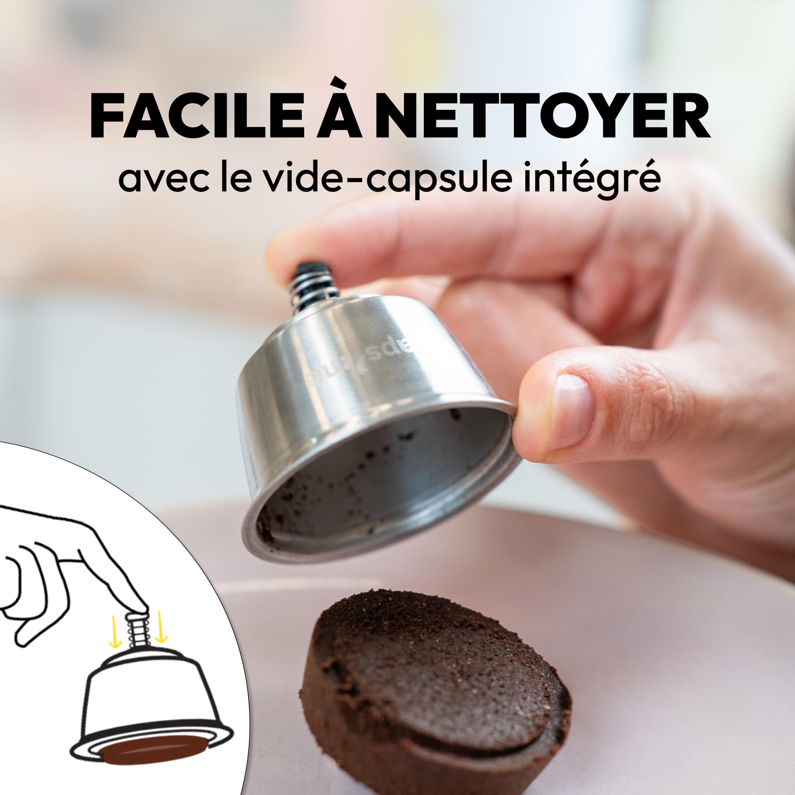 CAPS ME - Kit de cápsula recargable compatible con Nescafé Dolce Gusto (1 Agitador + 1 Dosificador reutilizable de acero inoxidable con extractor de cápsulas integrado) - Económico y ecológico Fácil
